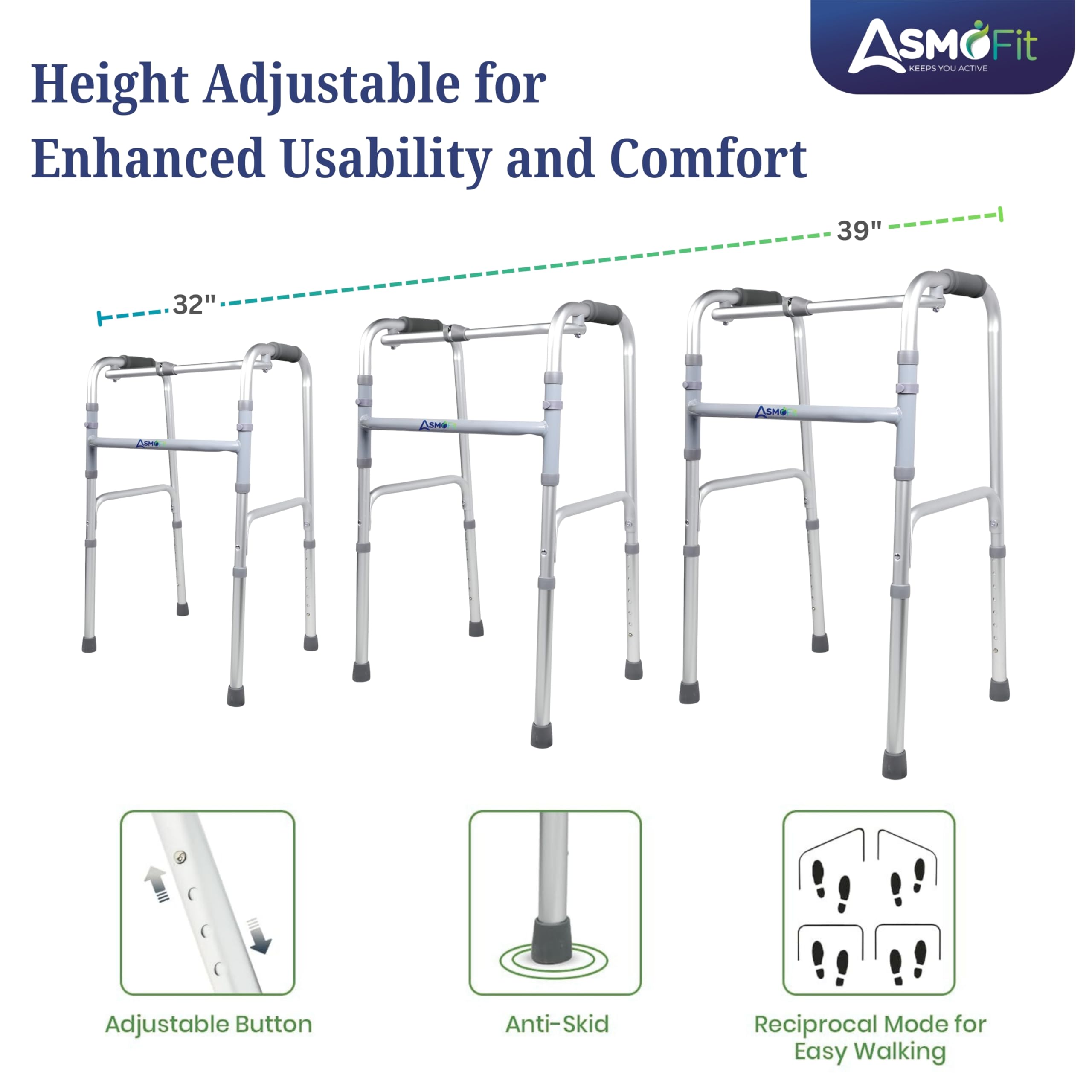 Asmofit Foldable Walker – Lightweight, Adjustable Height, Sturdy Frame for Elderly Support, Easy Mobility Aid for Seniors, Anodised Finish - Image 5 thumbnail