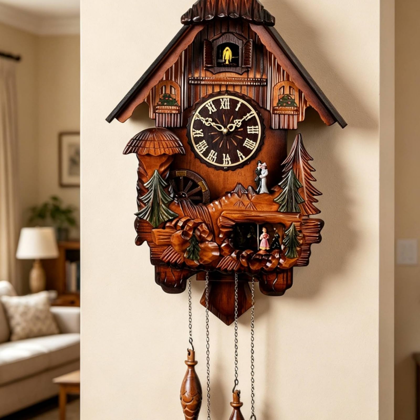 F Fityle Reloj de Pared Reloj con Reloj de Madera Reloj Colgante de Basswood con Forma de Casa con Cadena Colgante y Pesas con Aspecto de Adecuado para Sala de, 518 Esfera Romana