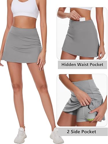 Ibeauti Womens Back Pleated Athletic Tennis Skorts Golf Skirts with 3 Pockets Mesh Shorts for Running Active Workout(Grey,Large)