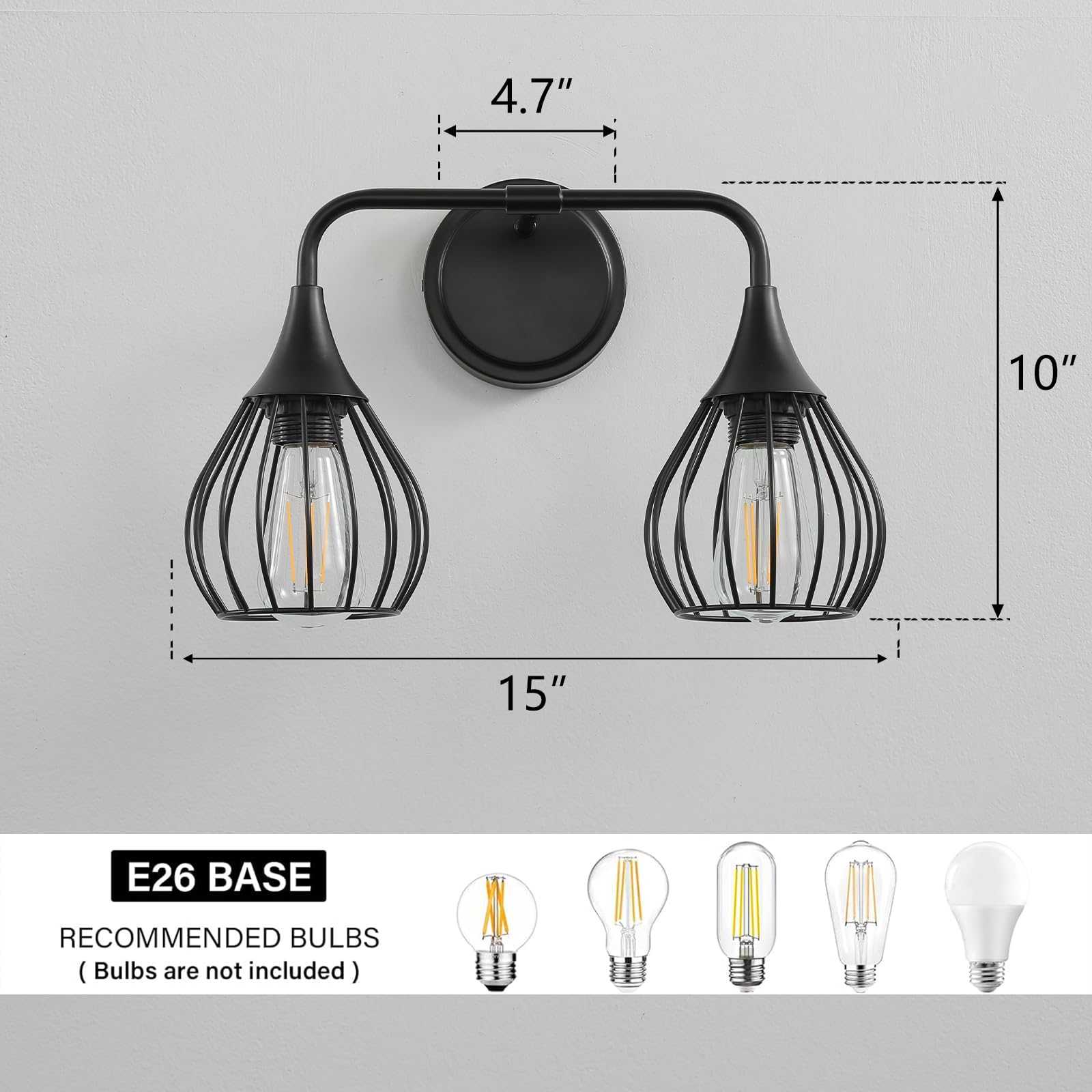 YEPOLI Black 2 Light Vanity Light with Elegant Teardrop Cage,Modern Farmhouse All Metal Bathroom Light Fixture Over Mirror Industrial Bathroom Wall Light