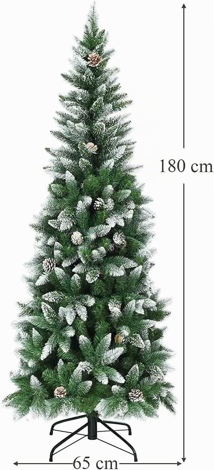 GYMAX Sapin de Noël 180cm Artificiel Mince avec 29 Pommes de Pin Décoratives, 630 Branches Recouvertes de Neige, Support Métal, pour Maison, Magasin, Café