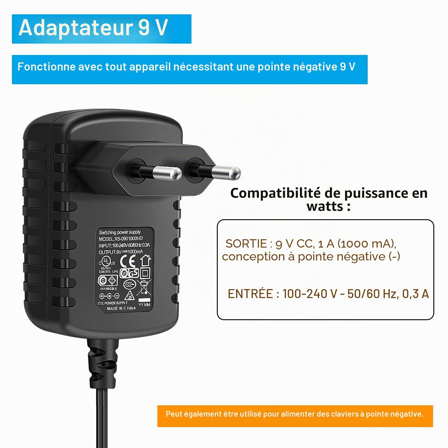 NEUMA Alimentation Adaptateur Prise UE CC 9V 1A Chargeur Secteur pour Pédale d'Effets Guitare Basse avec Câble de 5 Voies
