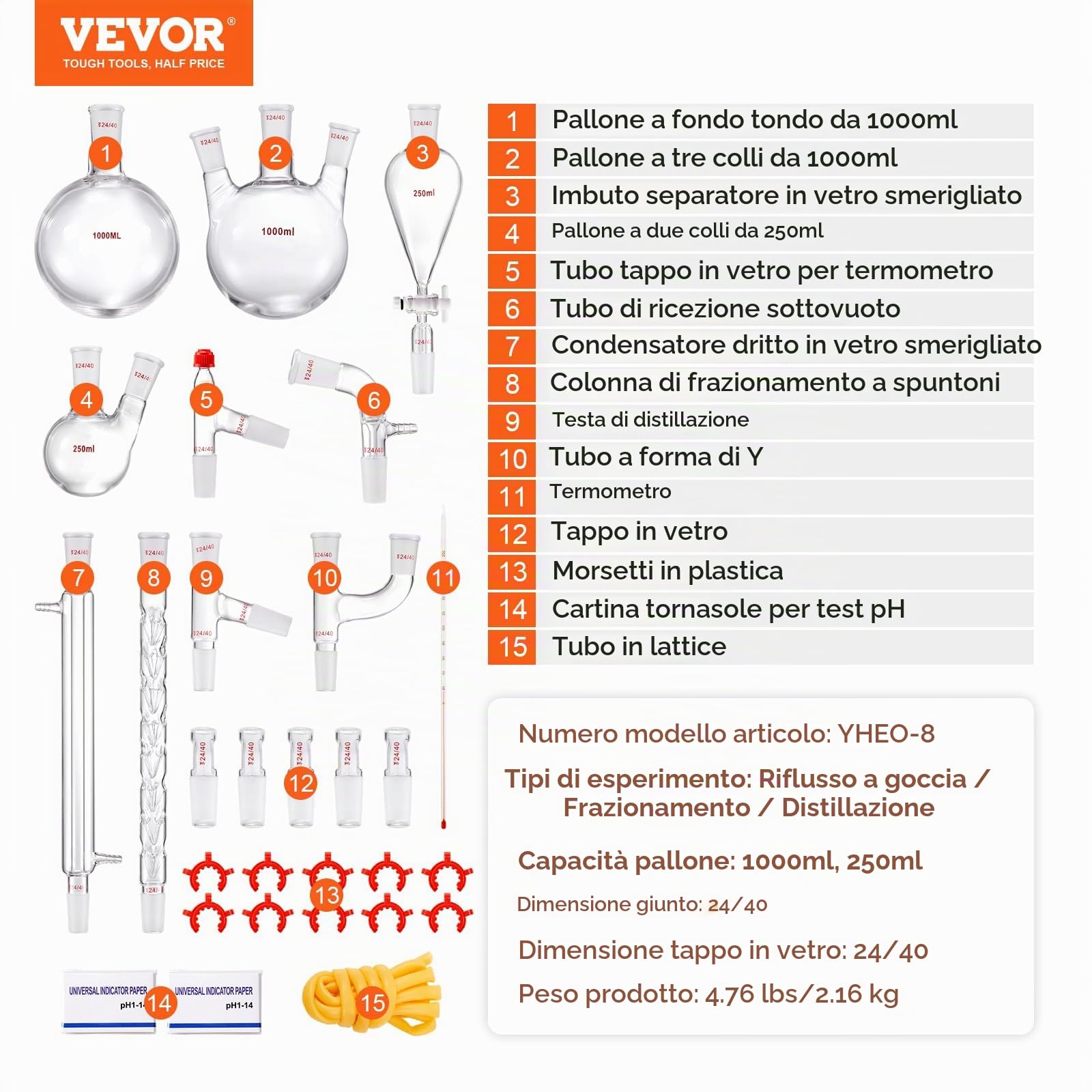 VEVOR Kit di distillazione da laboratorio, kit di distillazione 3.3 Boro con 24, 40 giunti, distillazione di oli essenziali da 1000 ml, set di attrezzature per vetreria da 29 pezzi