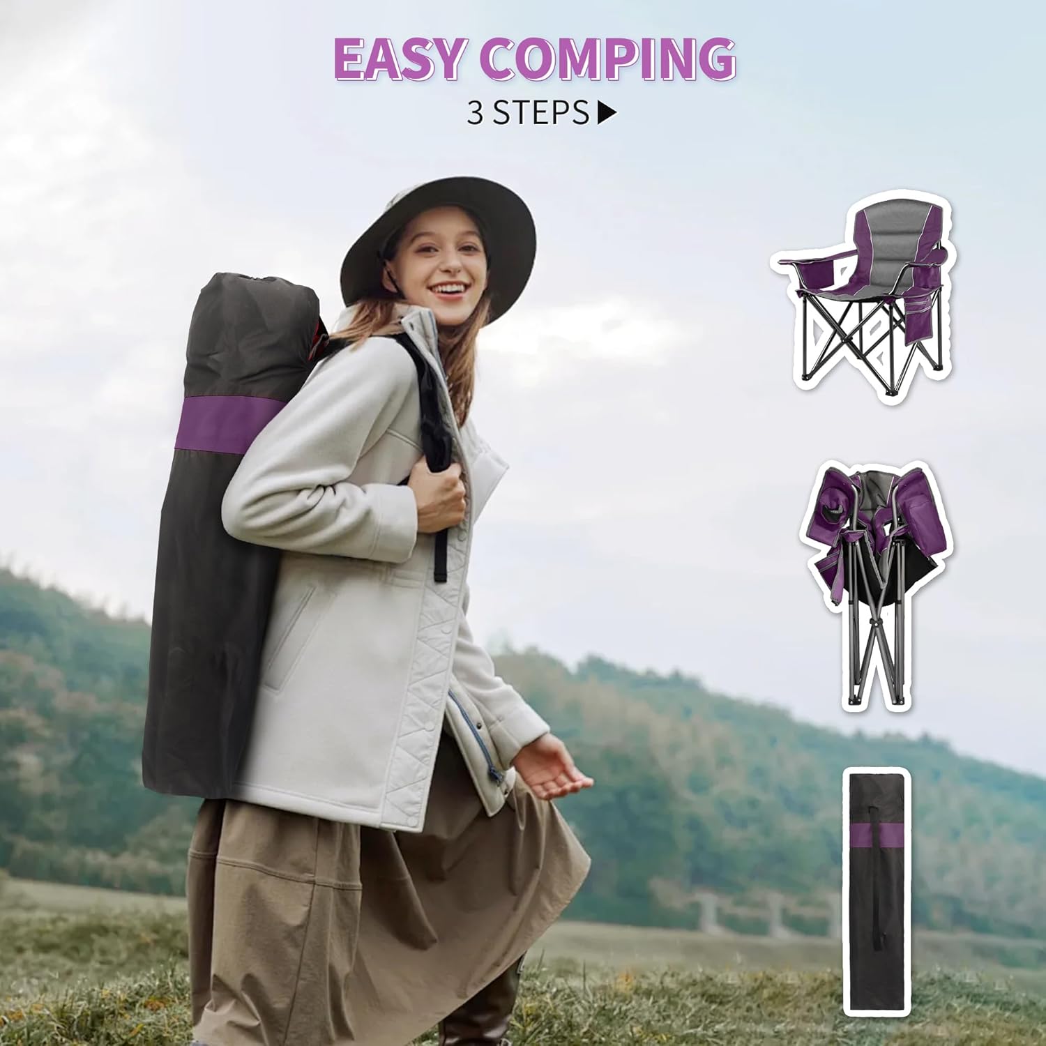 2 Pack Padded Oversized Camping Chairs for Adults,Heavy Duty Support 400 Lbs,Folding Portable Lawn Chair w/Cup Holder,Cooler Bag,Side Pocket,Perfect for Outdoor Picnic,Hiking(Purple&Black) - Image 6