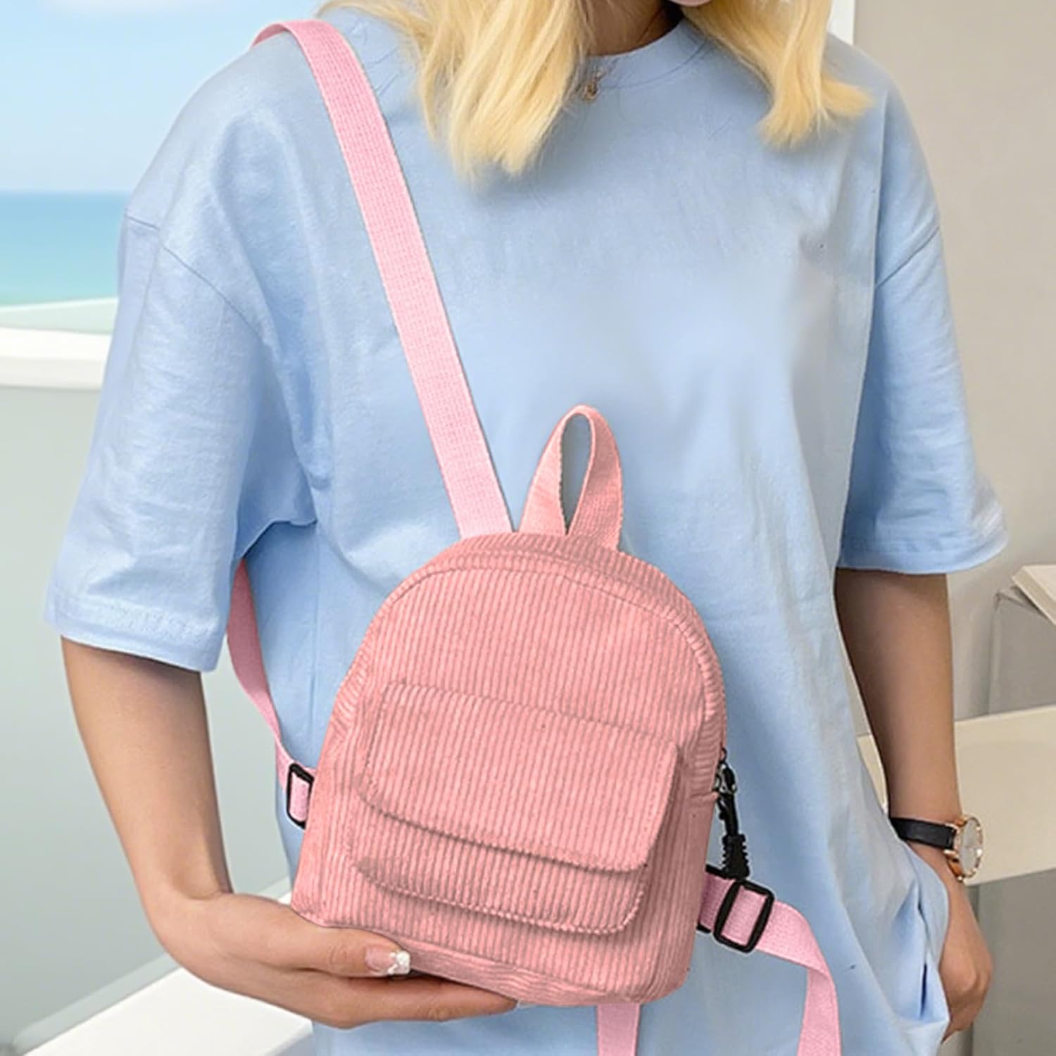 Small Backpack, Corduroy Backpack Purse for Women and Girls, Mini Backpacks for Travel, Shopping, Walking (pink) - Image 6