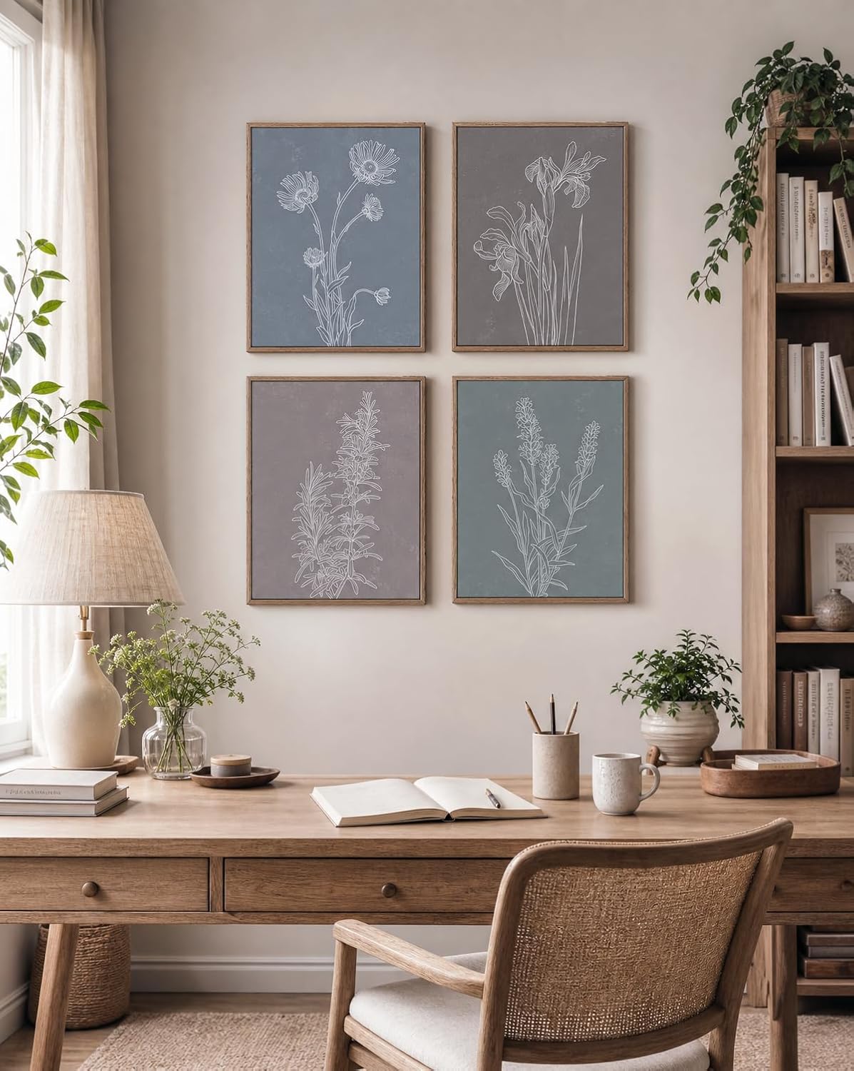InSimSea Framed Botanical Wall Art, 4 Piece Boho Floral Line Prints