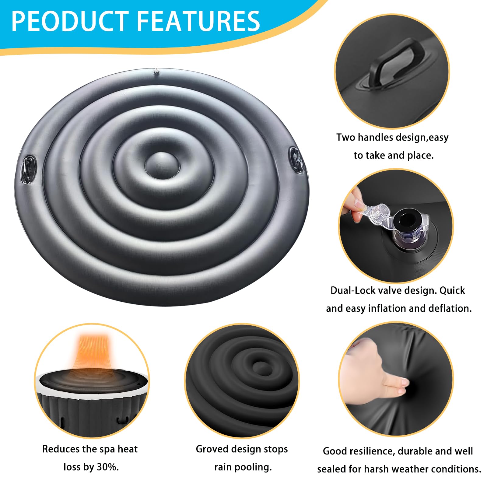 Couvercle de Bain à Remous, 160CM Couverture De Spa Gonflable avec Poignée, Couverture De Spa pour Bain À Remous, Économie D'Énergie, Universel et Pratique pour Spa (Noir, Rond-160CM)
