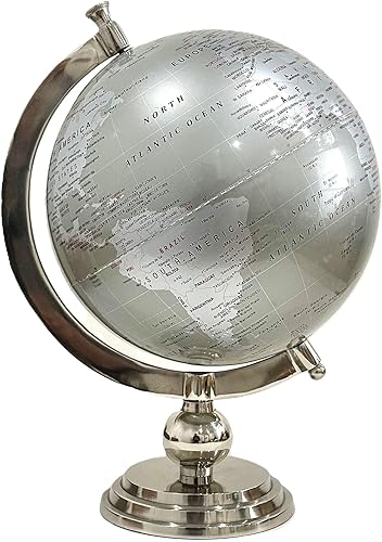 Miniatura 3 de Globo de mundo de aluminio gris plateado, globo giratorio decorativo de 18 pulgadas de alto con pedestal cromado y remate, acento moderno