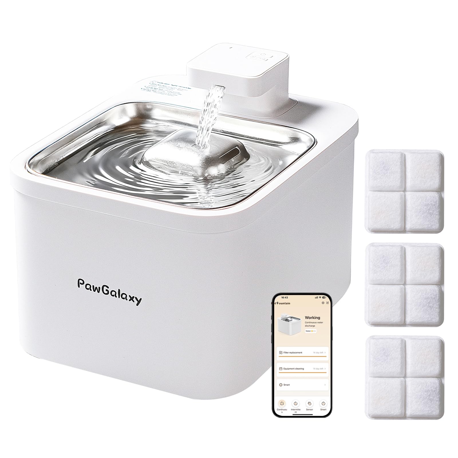 PawGalaxy WiFi Cat Water Fountain with App Control 4L/135oz Cordless Stainless Steel Pet Fountain with 3 Washable Filters, 4 Modes & Motion Sensor, Ultra-Quiet BPA-Free Indoor Dog and Cat Dispenser