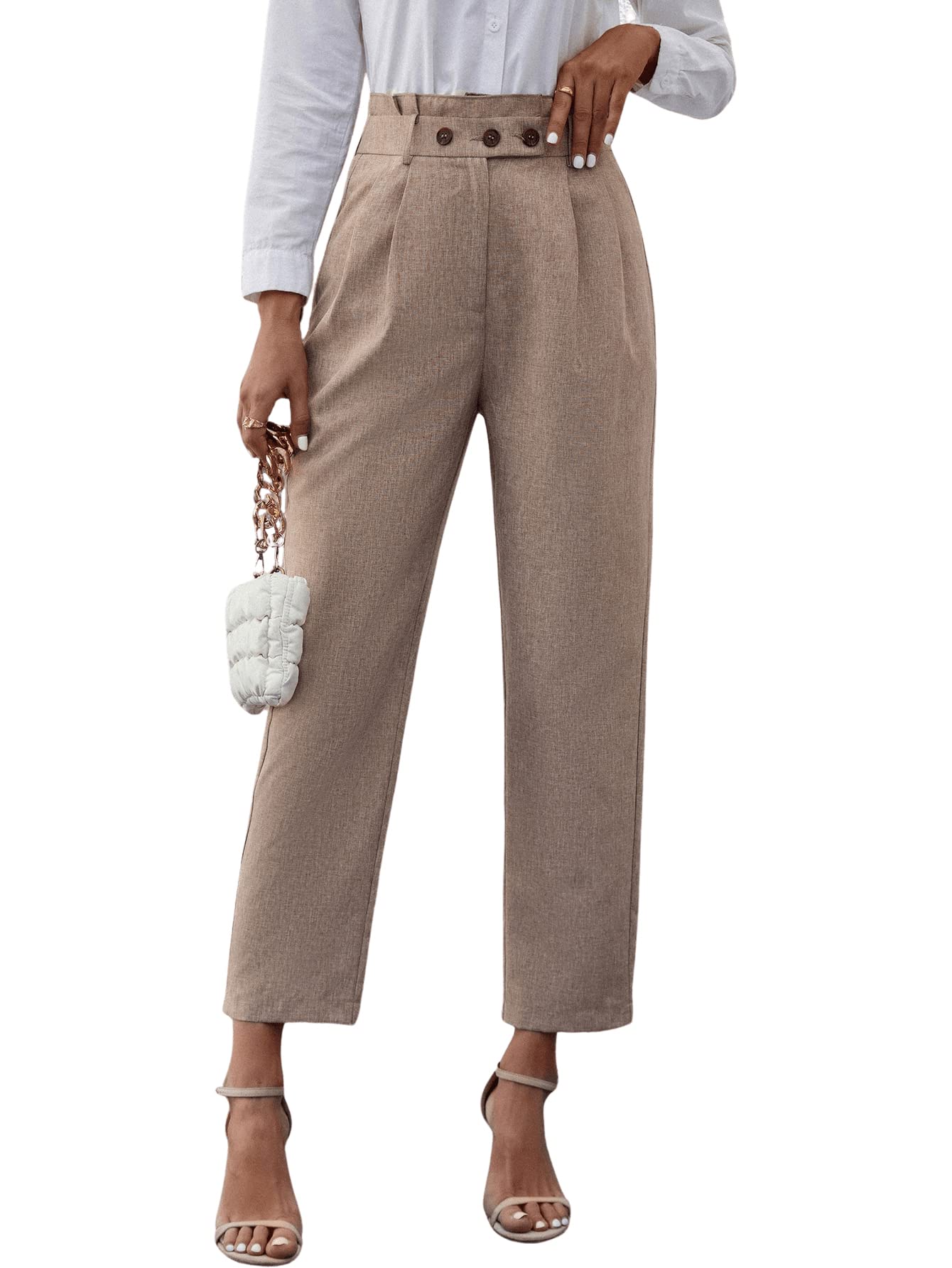 SweatyRocks Womens Elegant Button Front Pleated Pants High Waisted Straight Leg Long Pants