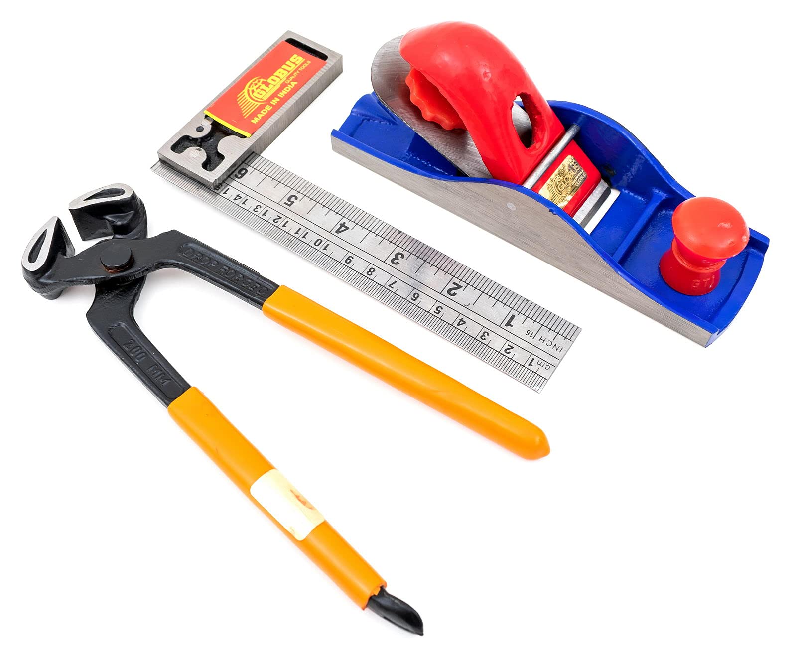 GLOBUS 1487 STEEL CARPENTER PLANE 7 INCH WITH MEASURING TOOL TRY SQUARE 6 INCH AND COBBLER PINCER 8"