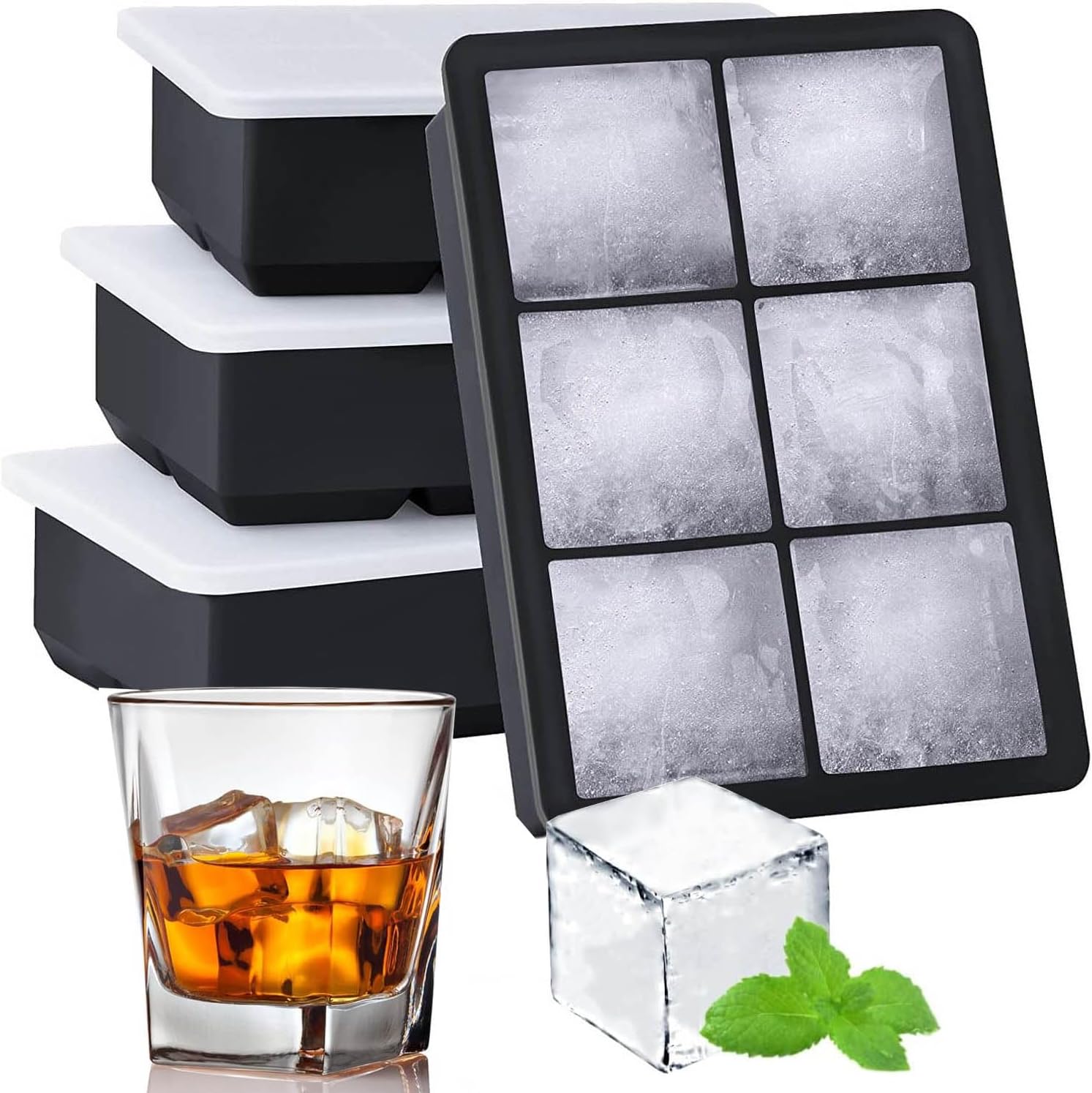 Lot 2 Bacs à Glaçons XXL Silicone 8 Cubes – 4,7 Cm Avec Couvercle & Pince – Idéal Whisky & Cocktails