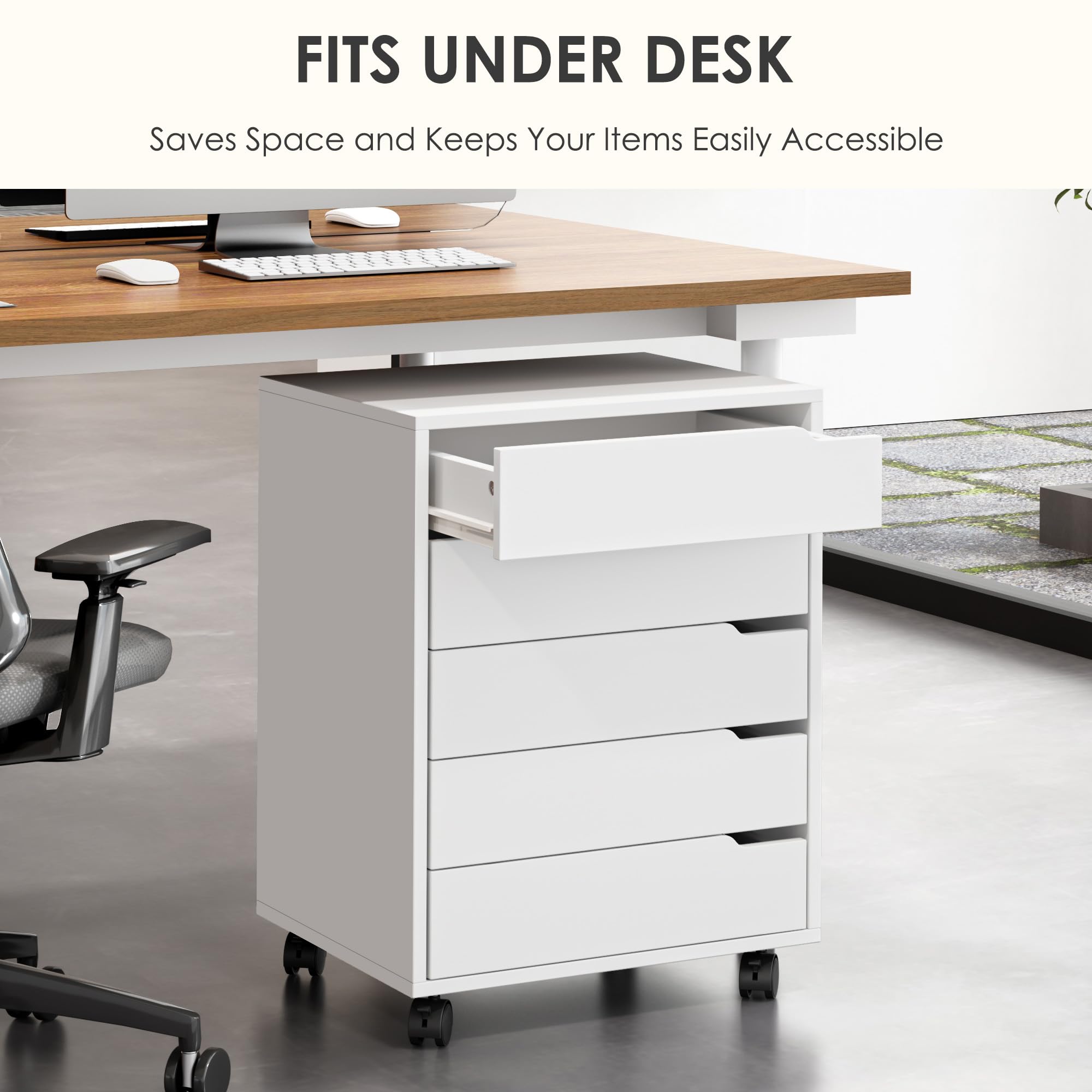 SDHYL 5-Schublade vertikaler Aktenschrank mit Griffen, rollwagen mit schubladen， rollcontainer mit schubladen，unter Schreibtisch Schublade Lagerung für Home Office, 5 Schubladen,weiß