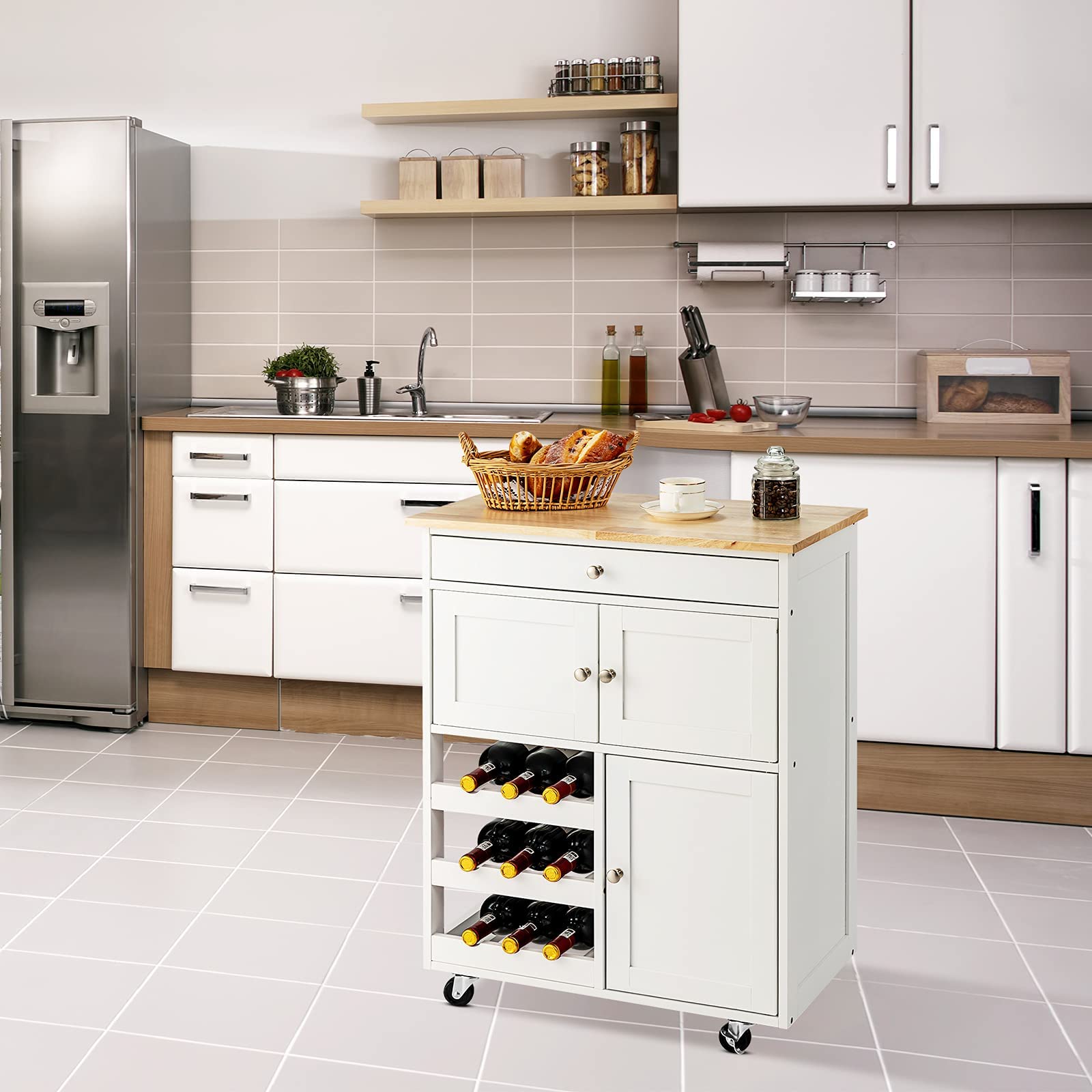 GYMAX Carrello da Cucina, Carrello Portavivande, Credenza da Cucina con Ruote, Cassetti e Portabottiglie, Carrello di Servizio con 3 Ripiani, Carrellino Salvaspazio e Multiuso, in Legno (Bianco)