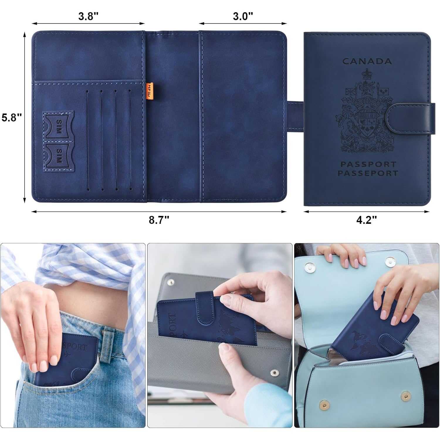 Passport Holder for Travel, Premium PU Leather FID Blocking Passport Wallet Passport Cover Travel Essentials Card Case, Blue - 3