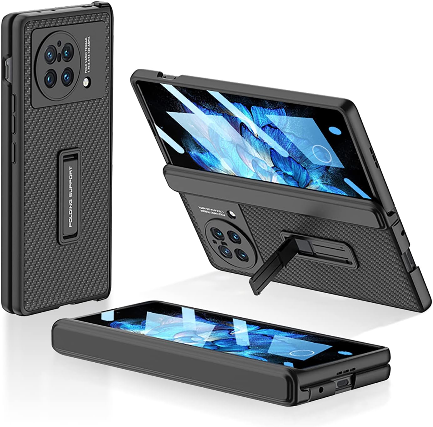 Case Vivo X Fold Cover,Shell-Membrane Integrated Hinge All-inclusive Phone Case with video stand,Folding Phone Leather Cover for Vivo X Fold-Carbon Fiber