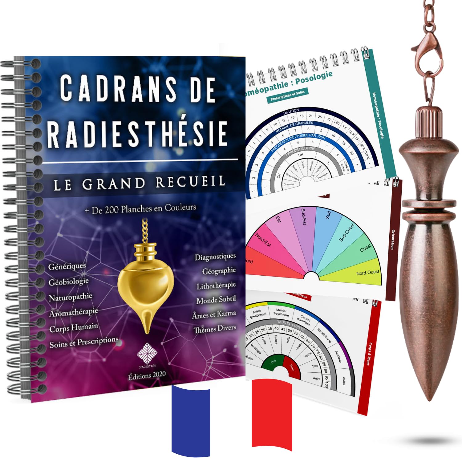 Tavole per Radiesthesie Plus di 200 tavole per pendolo divinatorio in francese (formato A4 a spirale) + Pendolo di radiestesia egiziana in ottone antico [Soddisfatto o rimborsati]