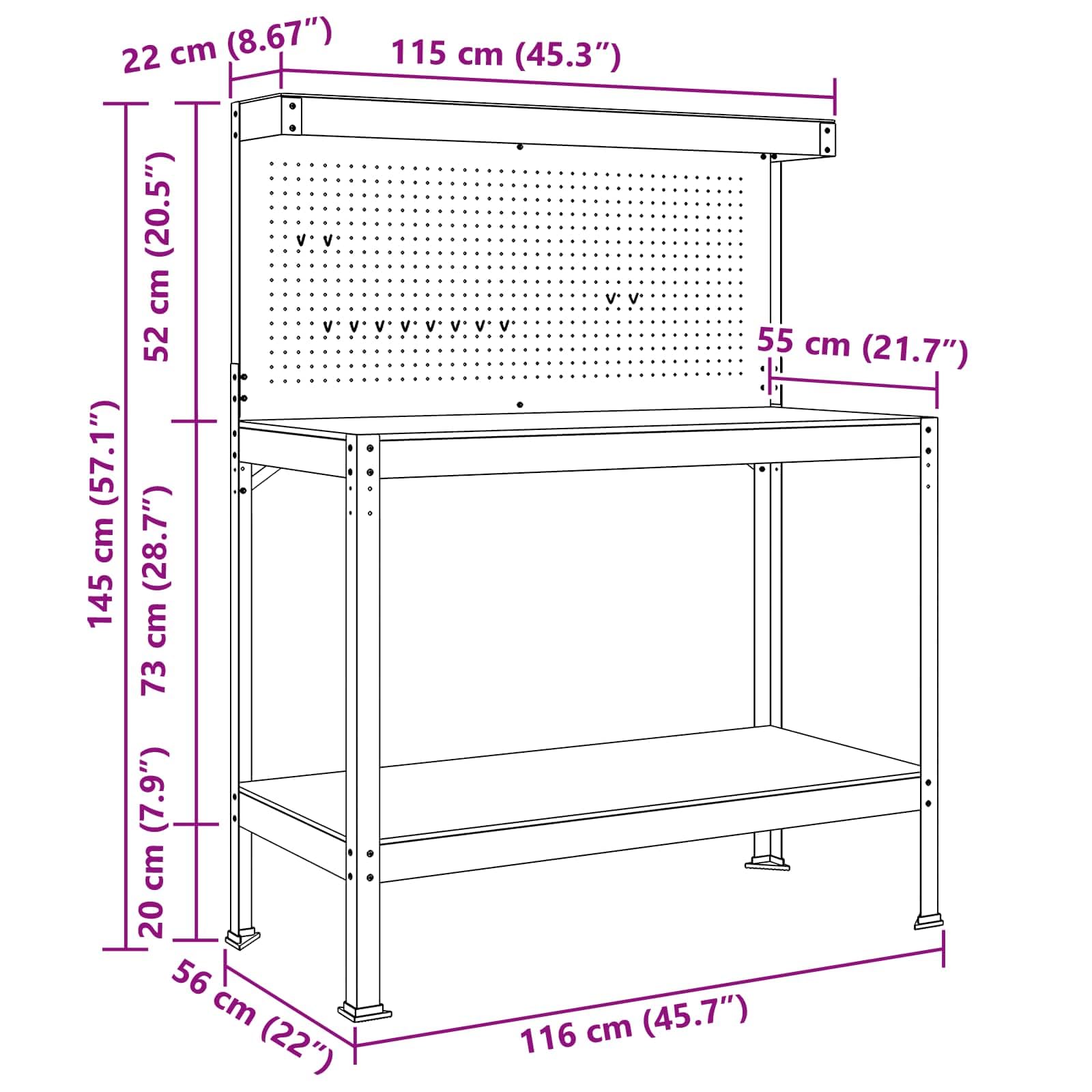 Banco de trabajo negro de madera contrachapada y metal, 114 x 54 x 145 cm, con cajón y pared perforada, almacenamiento práctico para taller, garaje, sala de ocio, superficie de trabajo