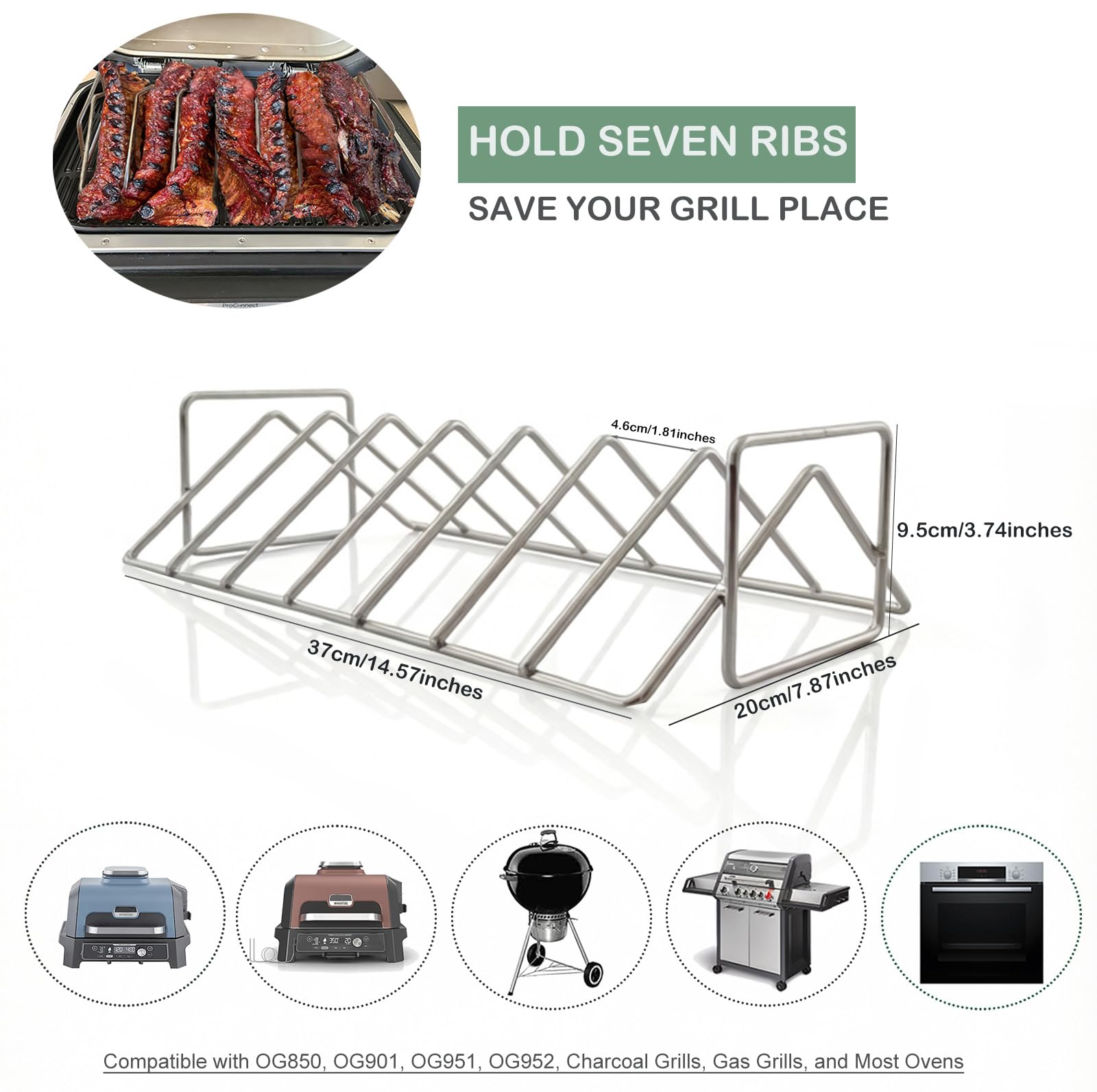 Supporto per Costine & Cestello per Barbecue Ninja Woodfire XL OG850/OG901，Griglia antiaderentea Forma di V per Pollos, Acciaio Inox 304 più Spesso