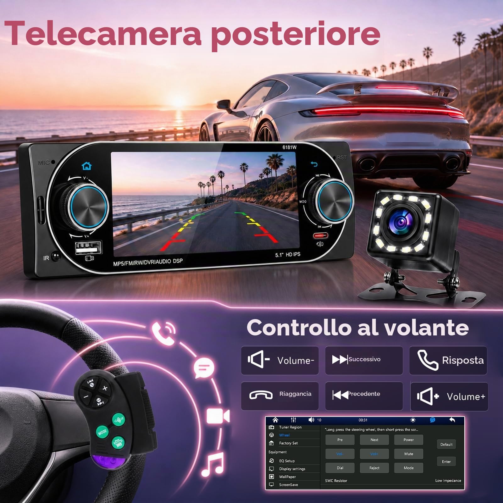 Hodozzy RDS Autoradio 1 Din con CarPlay Wireless Android Auto,Schermo da 5.1 Pollici con USB Type-C, Compatibile con Bluetooth 5.2, FM, Ricarica Rapida, EQ Comandi al Volante, Telecamera Posteriore