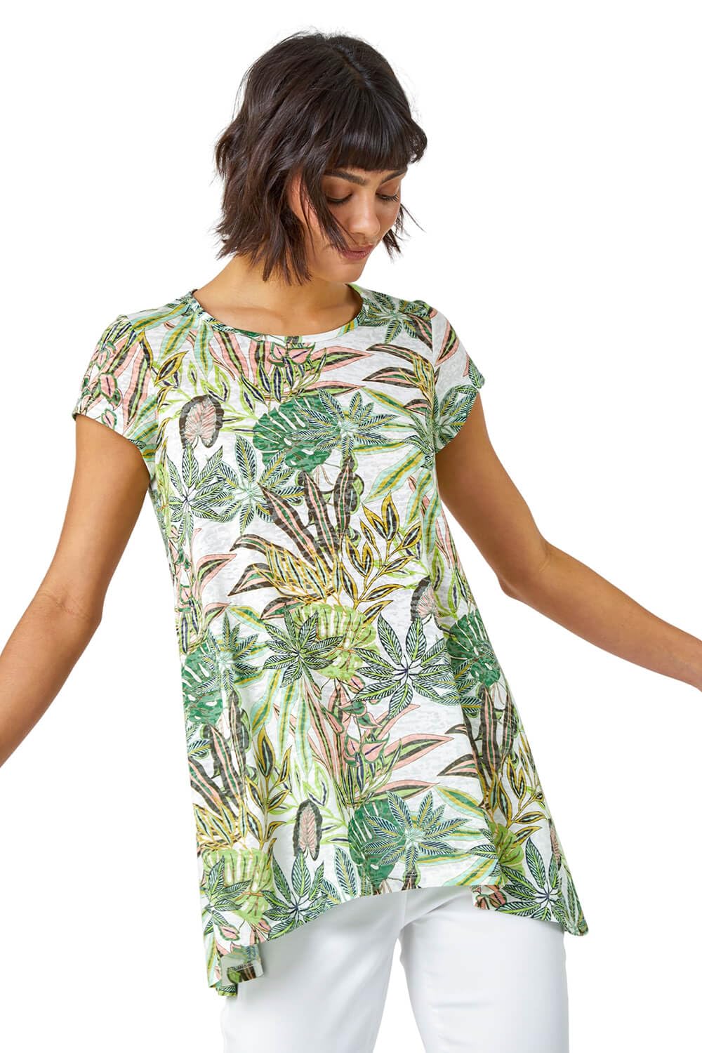 Roman Women's Lime Tropical Print Hanky Hem Tunic Top Size 12