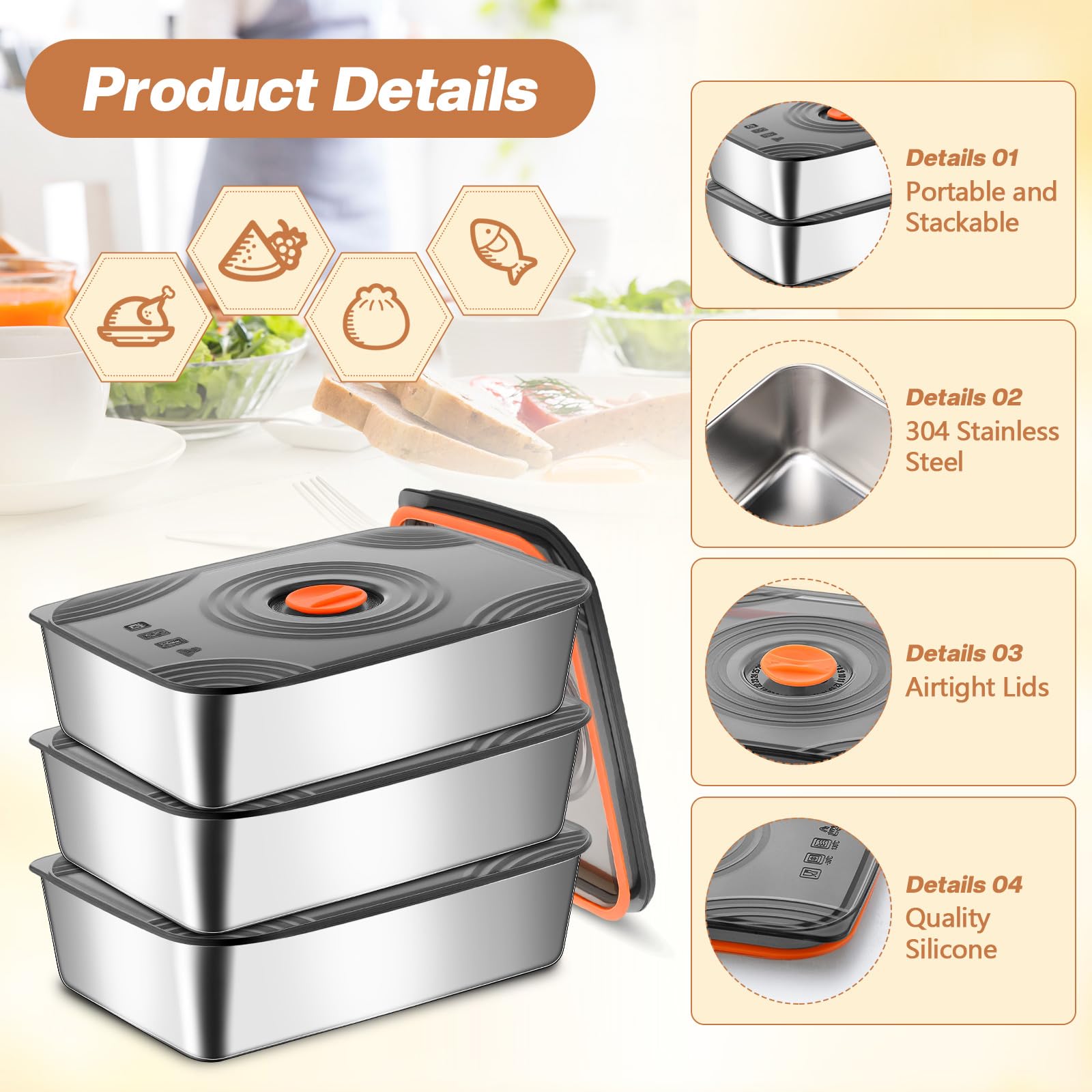 Layhit 16 juegos de recipientes de almacenamiento de alimentos de acero inoxidable de 60 onzas con tapas, grandes, reutilizables, apilables, contenedores de metal rectangulares para exteriores, para