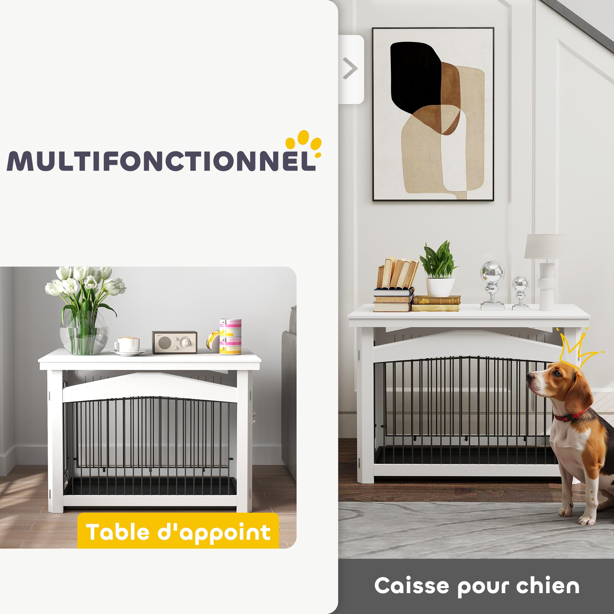 PawHut Cage pour Chien 3 en 1, Table d'appoint, Meuble Cage Chien intérieur, avec Plateau Amovible, pour Animal de Taille Moyenne, 82,5 x 57,5 ​​x 59,5 cm, Blanc