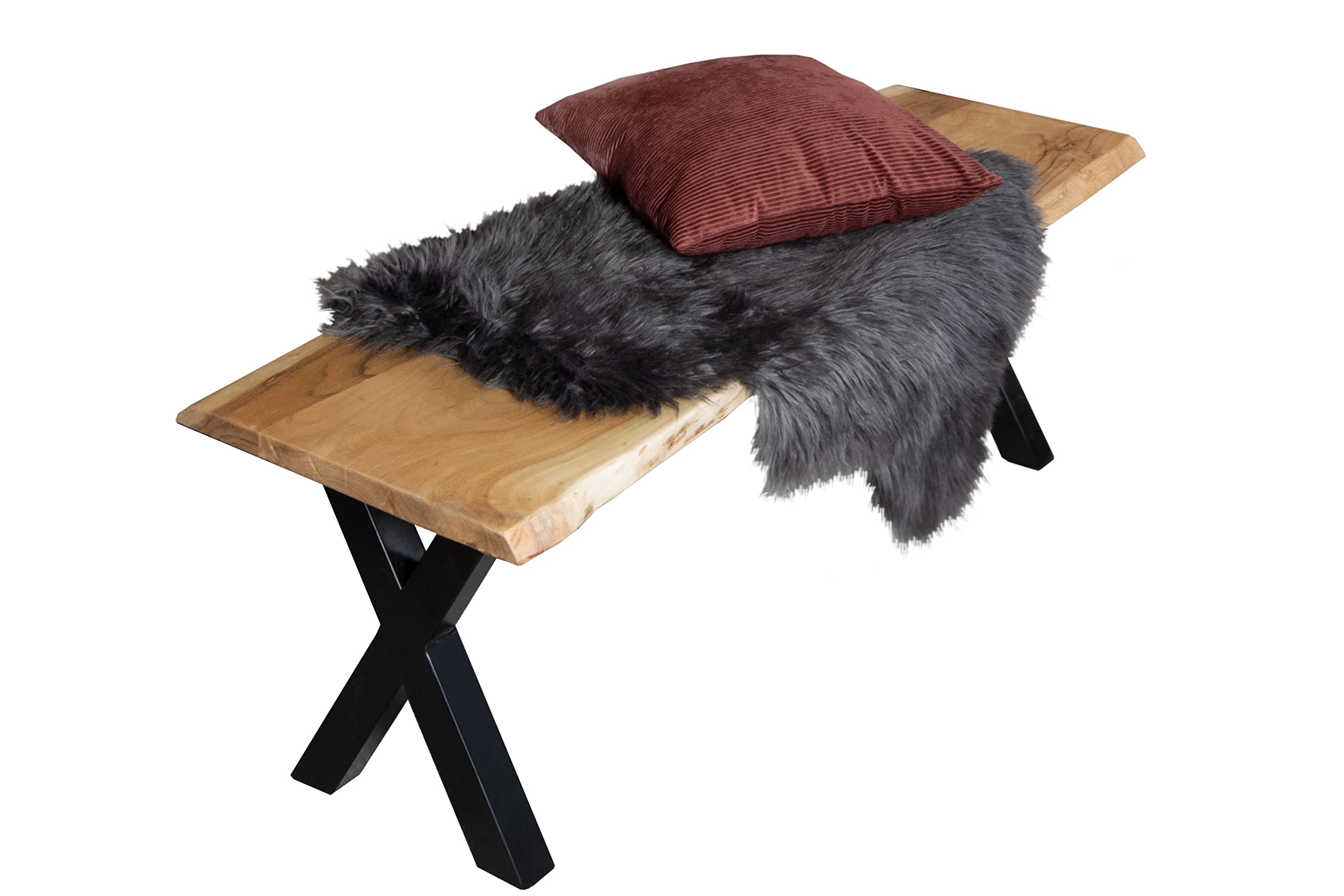 SAM Esszimmerbank 180x42 cm Quintus, Akazienholz massiv & naturfarben, echte Baumkante, Baumkantenbank mit X-Gestell Schwarz, Sitzbank mit 26 mm Platte