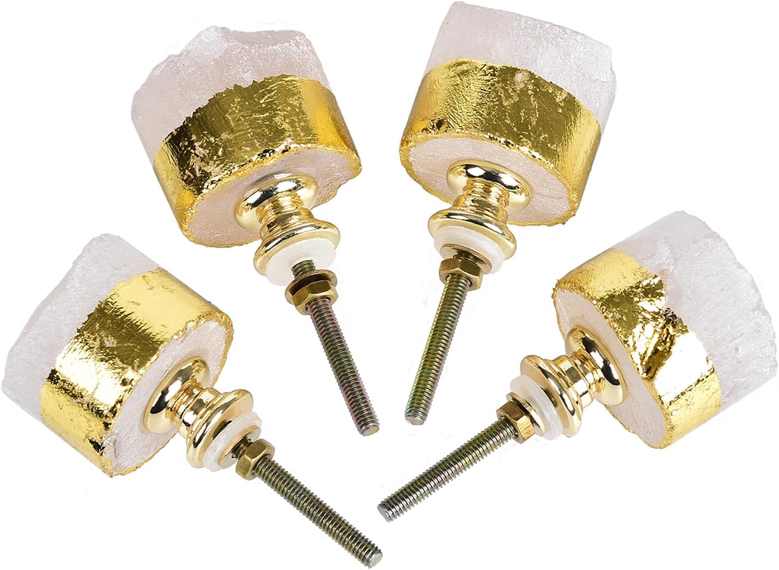 JIC Gem 4 Pack Crystal Cabinet Knobs Natural Clear Quartz Stone Gold-Plated Door Handles Cupboard Dresser Drawer Pulls Home Office Decor