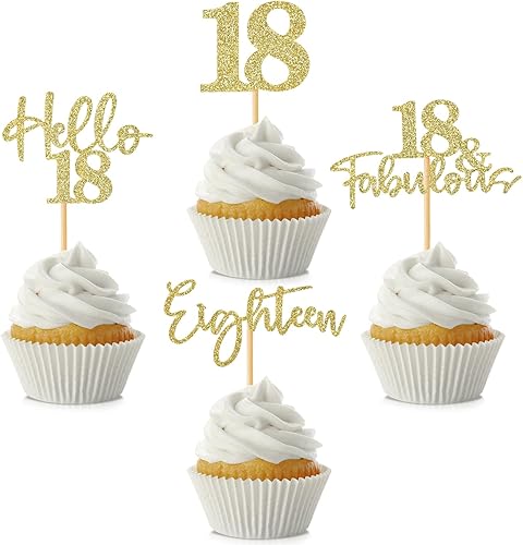 48 adornos para cupcakes de cumpleaños de 18 años con purpurina 18 y fabuloso Hello 18 Dieciocho para tartas de 18 años de edad para niños y niñas,