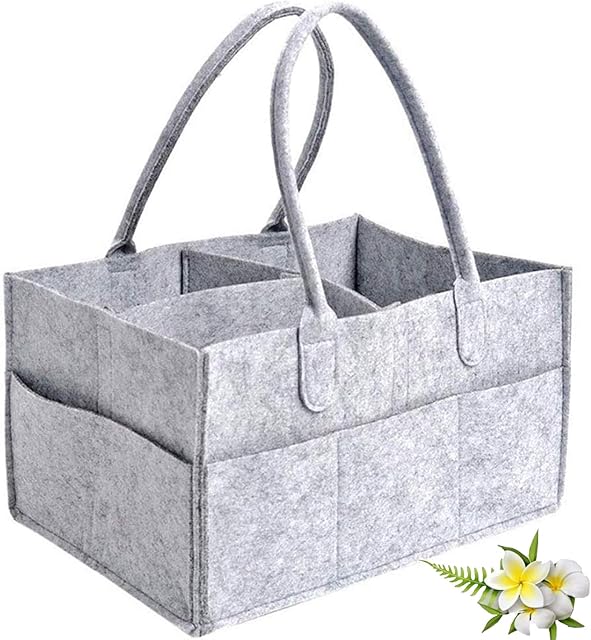 HOTSO Baby Nappy Caddy Organiser, Portable Diaper Caddy Storage Basket with Compartments, Foldable Wipes Toy Tote Nursery Storage Bin Box for Car Travel Picnic Bedroom Newborn Shower Gift, Grey