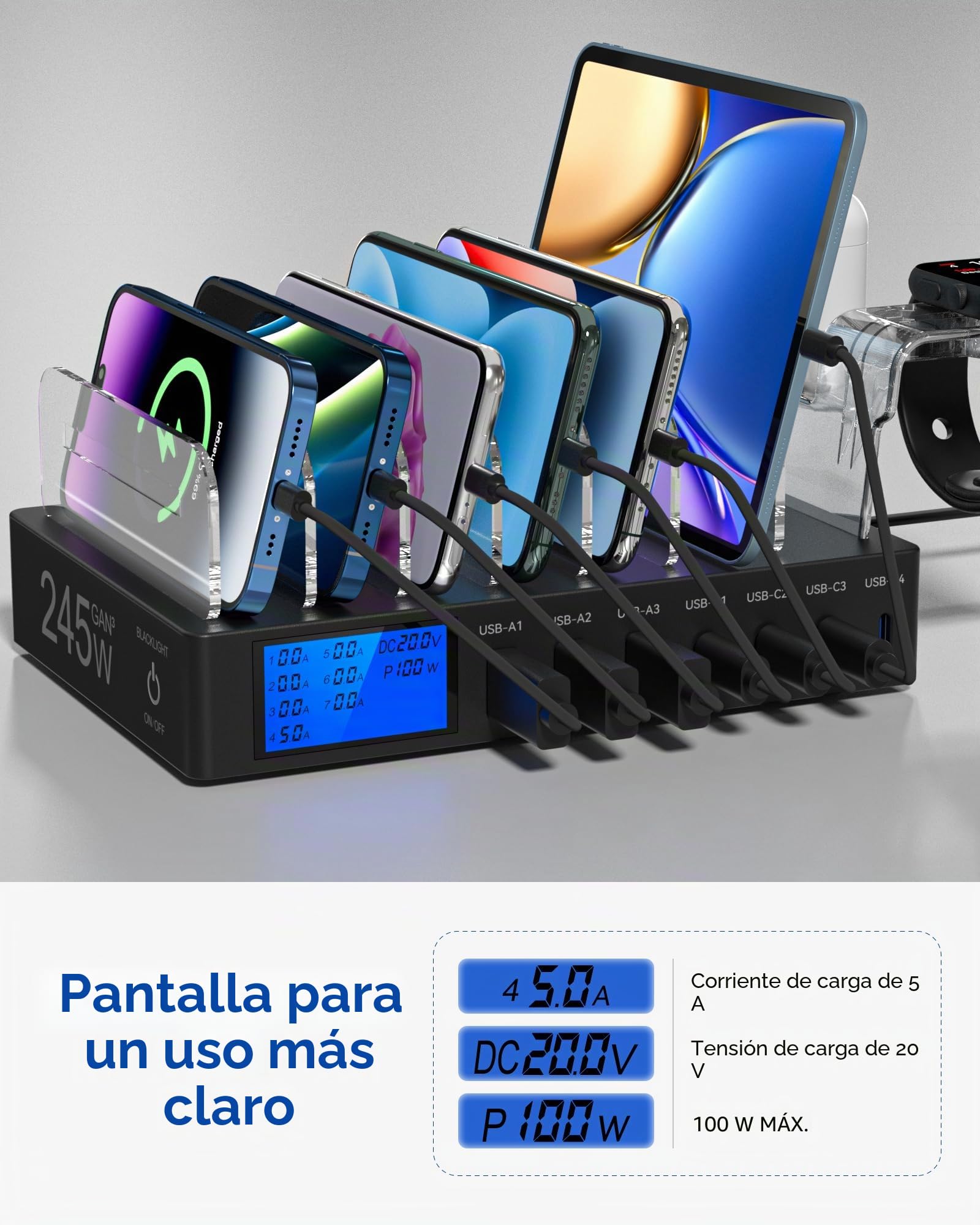 Estación de Carga, 245W 7 Puertos Charging Station, Estacion de Carga con Pantalla LCD, Cargador USB Multiple Compatible con teléfonos tabletas y Otros Dispositivos（7 Cables incluidos）