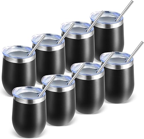 Miniatura 58 de Volhoply - Juego de 12 vasos de vino de 12 onzas con tapa, hechos de acero inoxidable con aislamiento al vacío de doble pared, vasos de vino sin