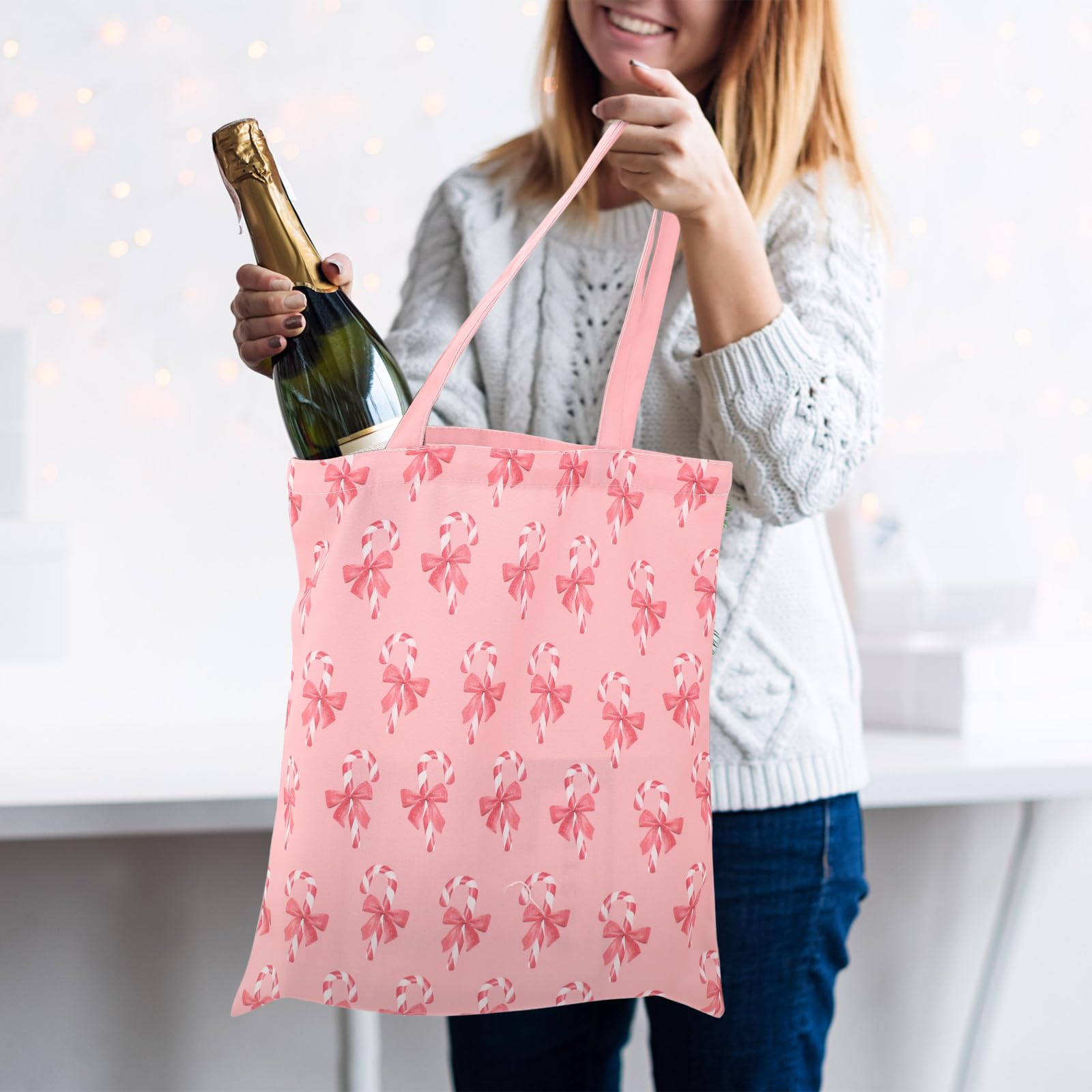 12 Stück rosa Weihnachts-Leinen-Tragetaschen für Damen, Weihnachtsbaum, Schneemann, Weihnachtsmann, Schleife, Zuckerstange, wiederverwendbare Einkaufs-Schultertaschen, Weihnachtsgeschenke für Urlaub