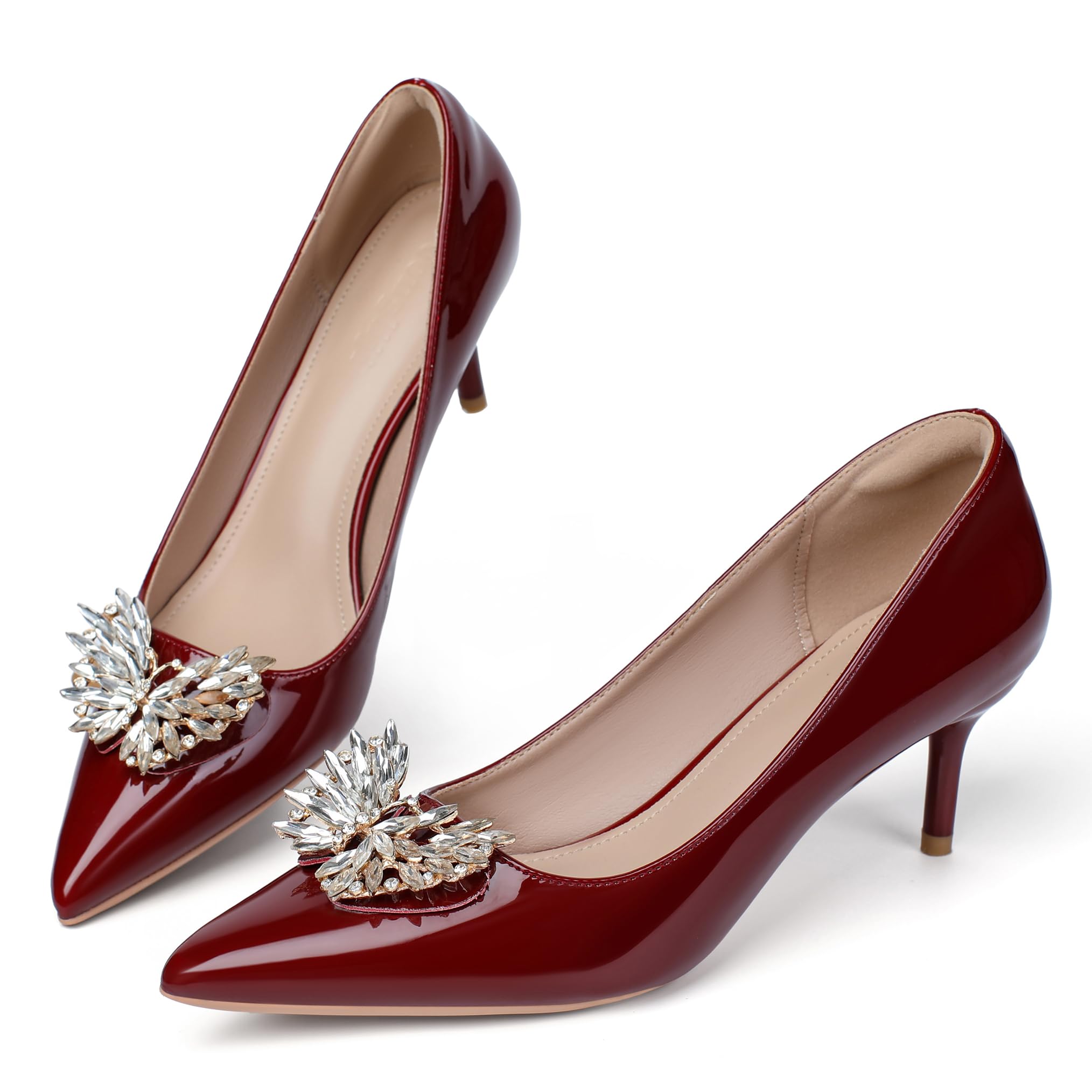 congliji Kitten Heels for Women 2 Inch Rhinestone Bow Pointed Toe High Heels Comfortable Leather Stiletto Pumps Wedding Party Dress Shoes