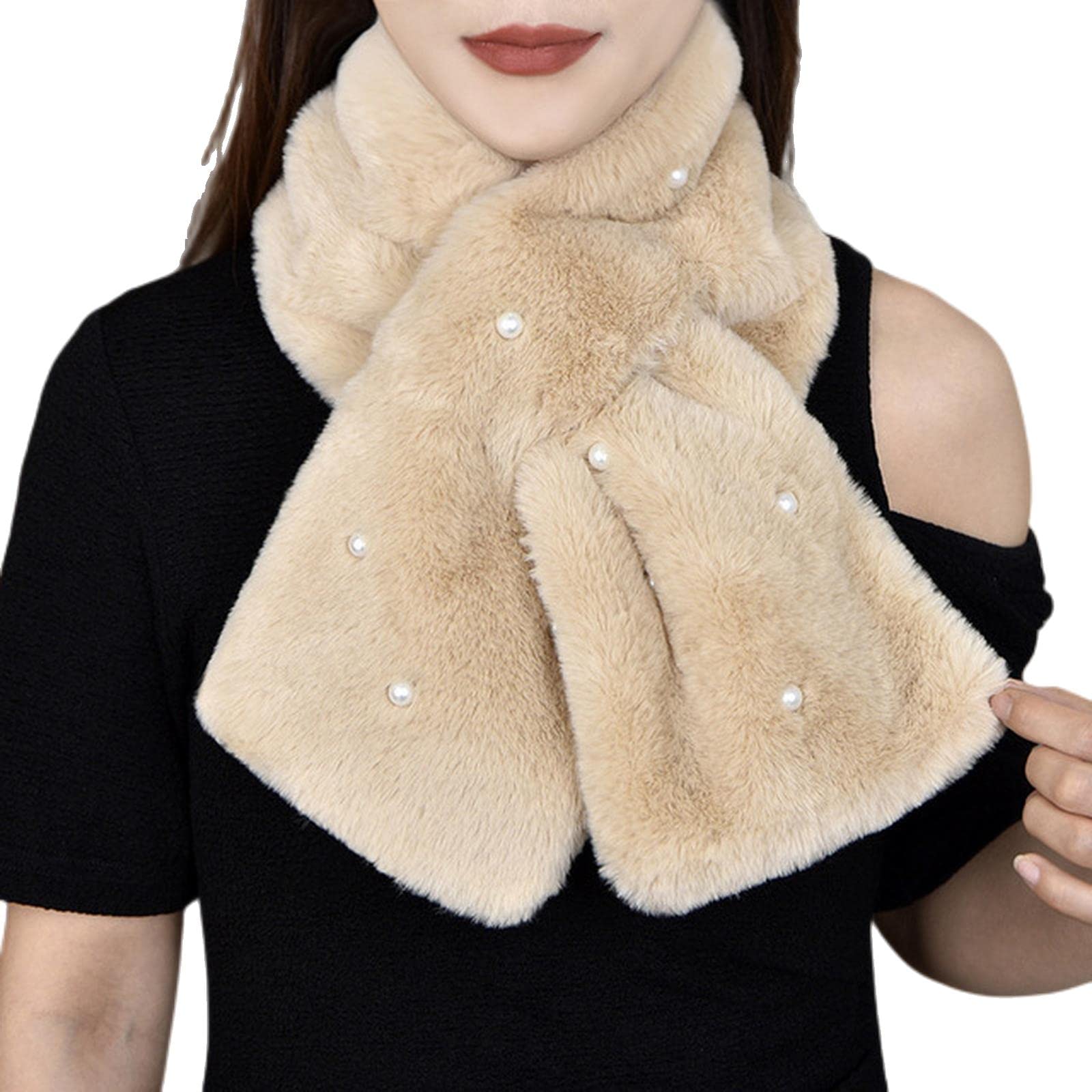 MOGSA Foulard double face en fausse fourrure de lapin épaisse pour femme Hiver Coupe-vent Croix Tour de cou Écharpe chaude
