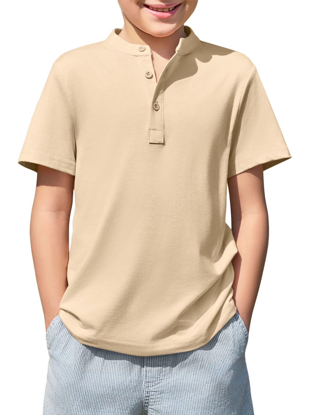 Haloumoning Boys Short Sleeve Henley Shirt Kids Casual Button Front Summer T-Shirts Tops Tees 5-14 Years