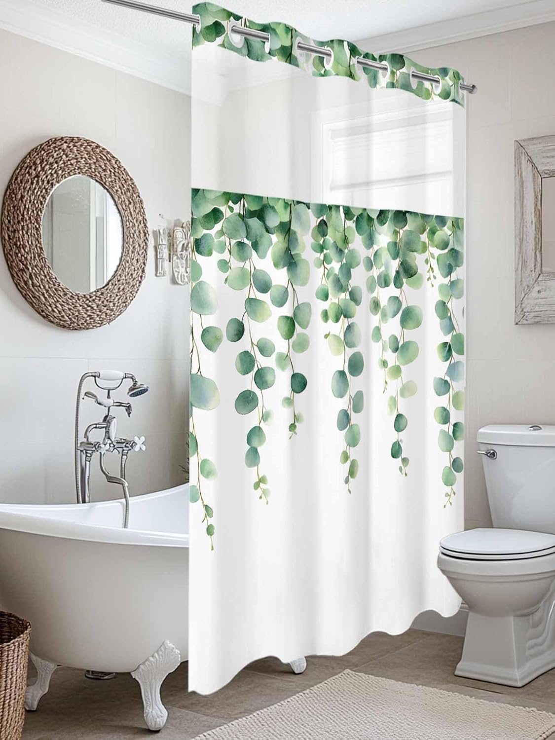 Savannan No Hook Shower Curtain with Snap in Liner, Summer Eucalyptus Leaf Sage Green Waterproof Fabric Bathroom Curtain Mesh Top Window Washable, Spring Plant 36" x 72"