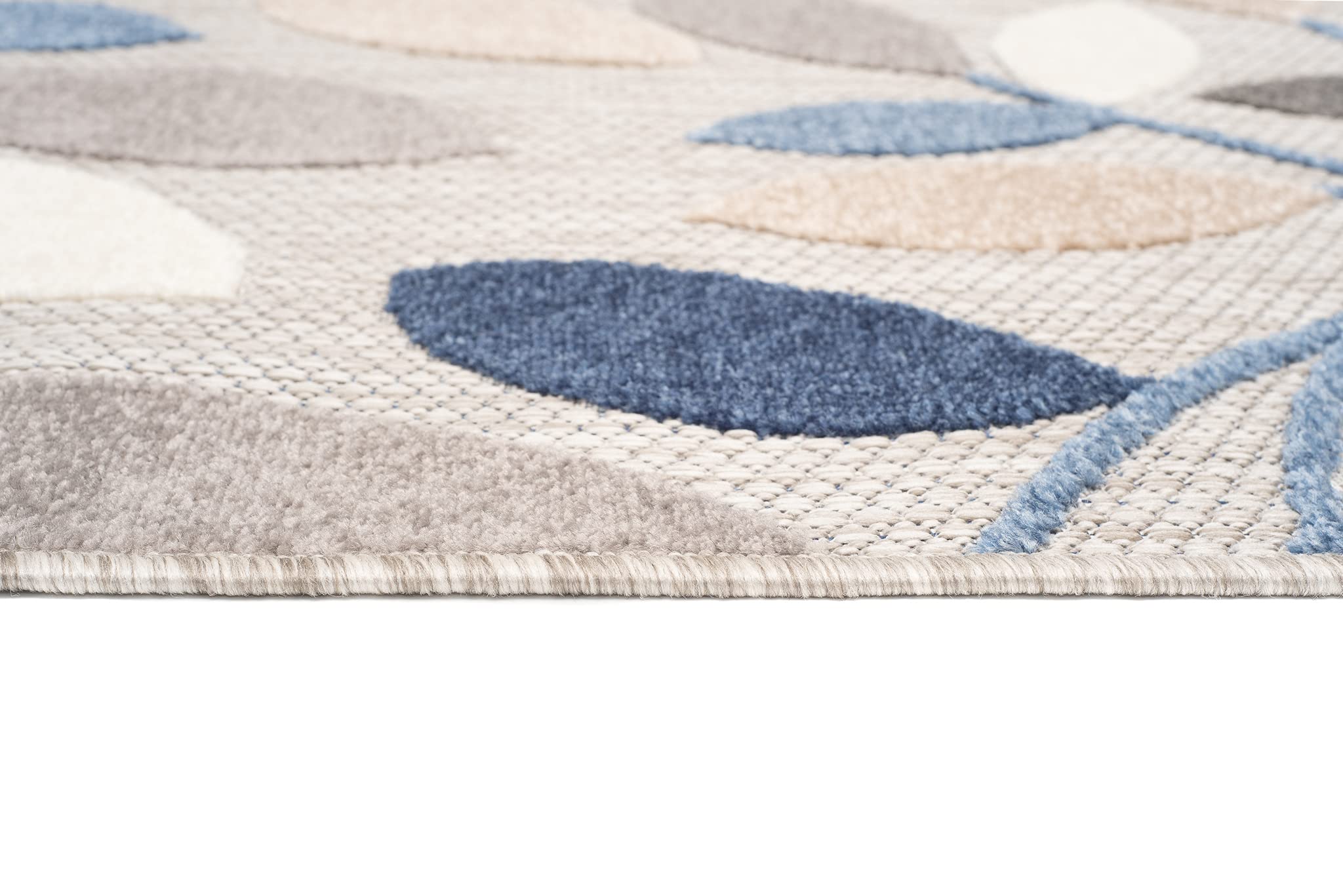 TAPISO Alfombra para terraza, Exterior, Interior, terraza, balcón, jardín de Invierno, Cocina, salón, Moderna, Beige, Azul, Gris, Hojas, Aspecto 3D, Resistente a la Intemperie, Oeko-Tex, 200 x 300 cm