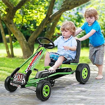 GLACER Go Kart for Kids, 4 Wheels Pedal car w/Adjustable Seat & Hand Brakes, EVA Tires, Pedal Powered Outdoor Racer for Boys & Girls, Ride on Toy Green