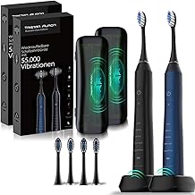 Tristan Auron Sonic Toothbrush Double Pack 55000 VPM + UV Case - 60 Day Battery - 5 Cleaning Modes - IPX7 Waterproof - Charger for Electric Toothbrush (Black/Blue)