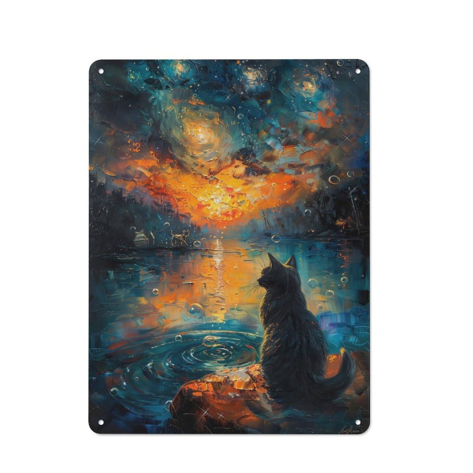 Junmoney Starry Night Sunset Cat Rustic Metal Sign 40X30cm Featuring For Garage Wall, Suited To Garage Decor Collectors