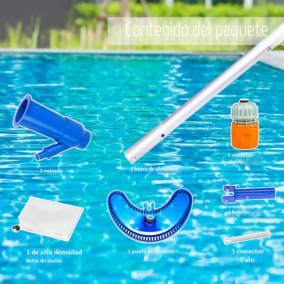 Aspirador para Piscinas Herramientas de Limpieza, Cabezales de Aspiración con 1.5M Mástil Telescópico Desmontable Kit de Aluminio para Bañera de Hidromasaje, Fuente, Cuario, SPA, Estanque