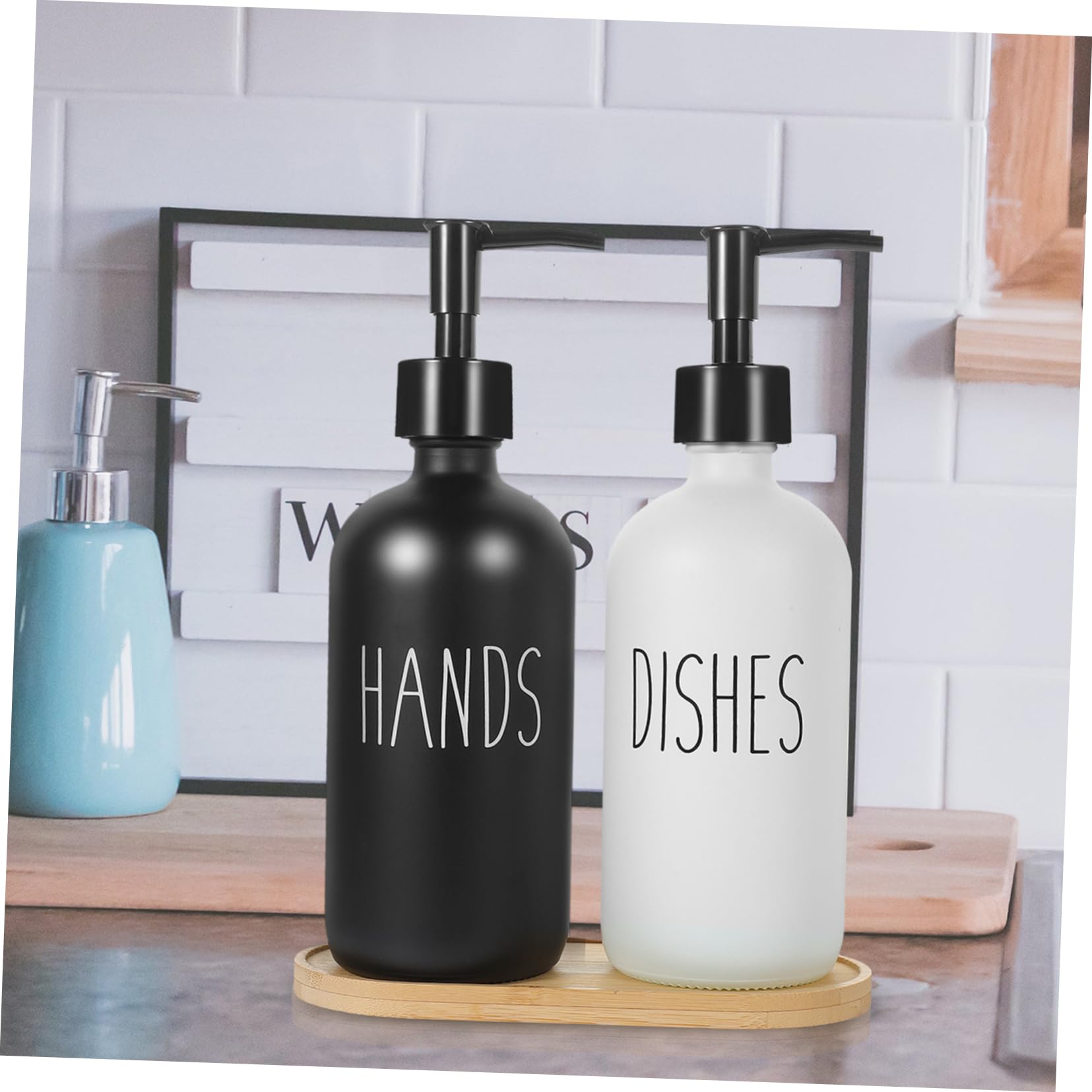 WOONEKY Set 1 Flacone Dosatore in Vetro 500ml con Pompa e Vassoio in Bambù, Ricaricabile, per Sapone Liquido in Cucina e Bagno