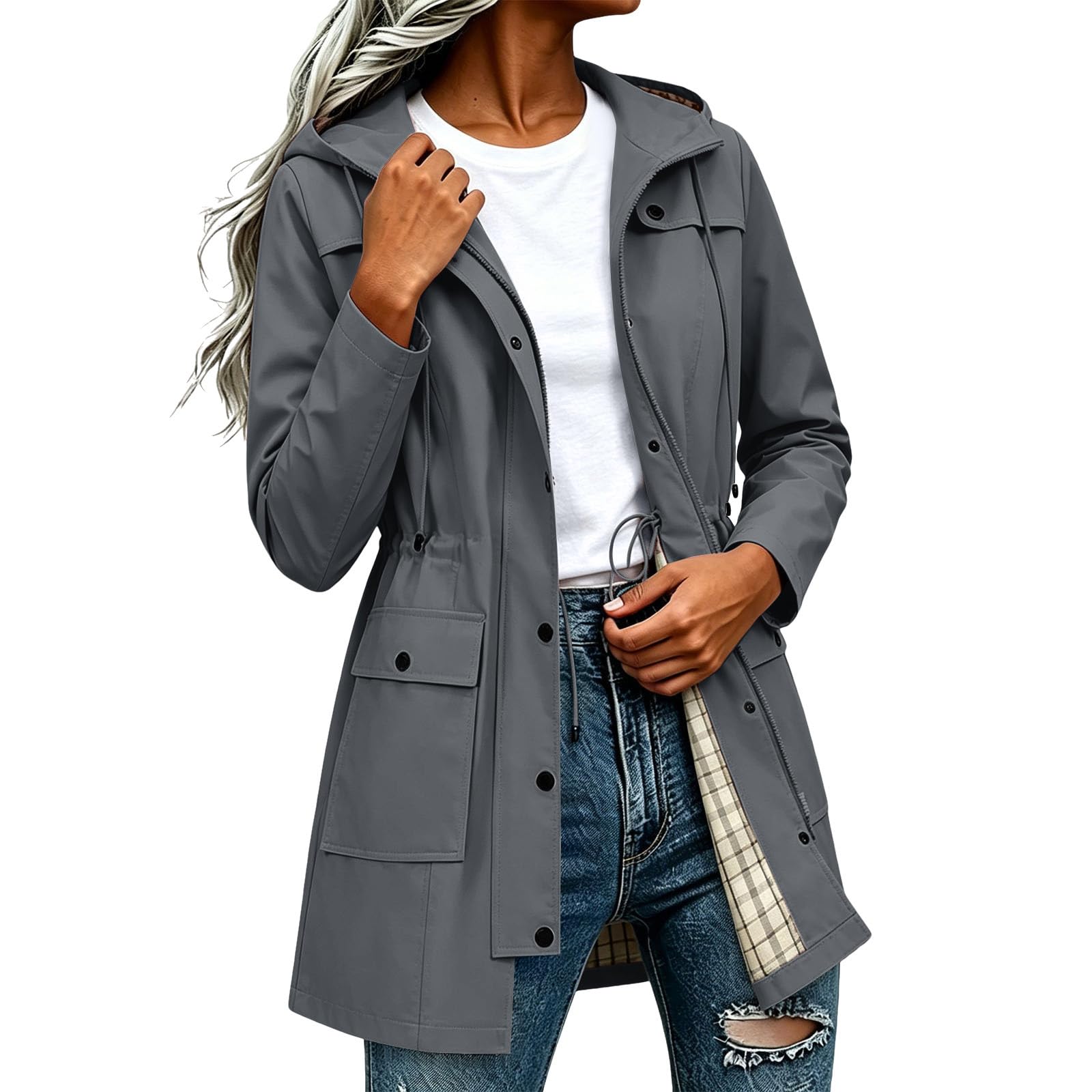 Znwerma rain coats for women Waterproof Jacket Lightweight for Women Ladies Windbreaker Rain Coats Full Zip Hooded Long Raincoat Casual Hiking Walking Outwear Dark Gray
