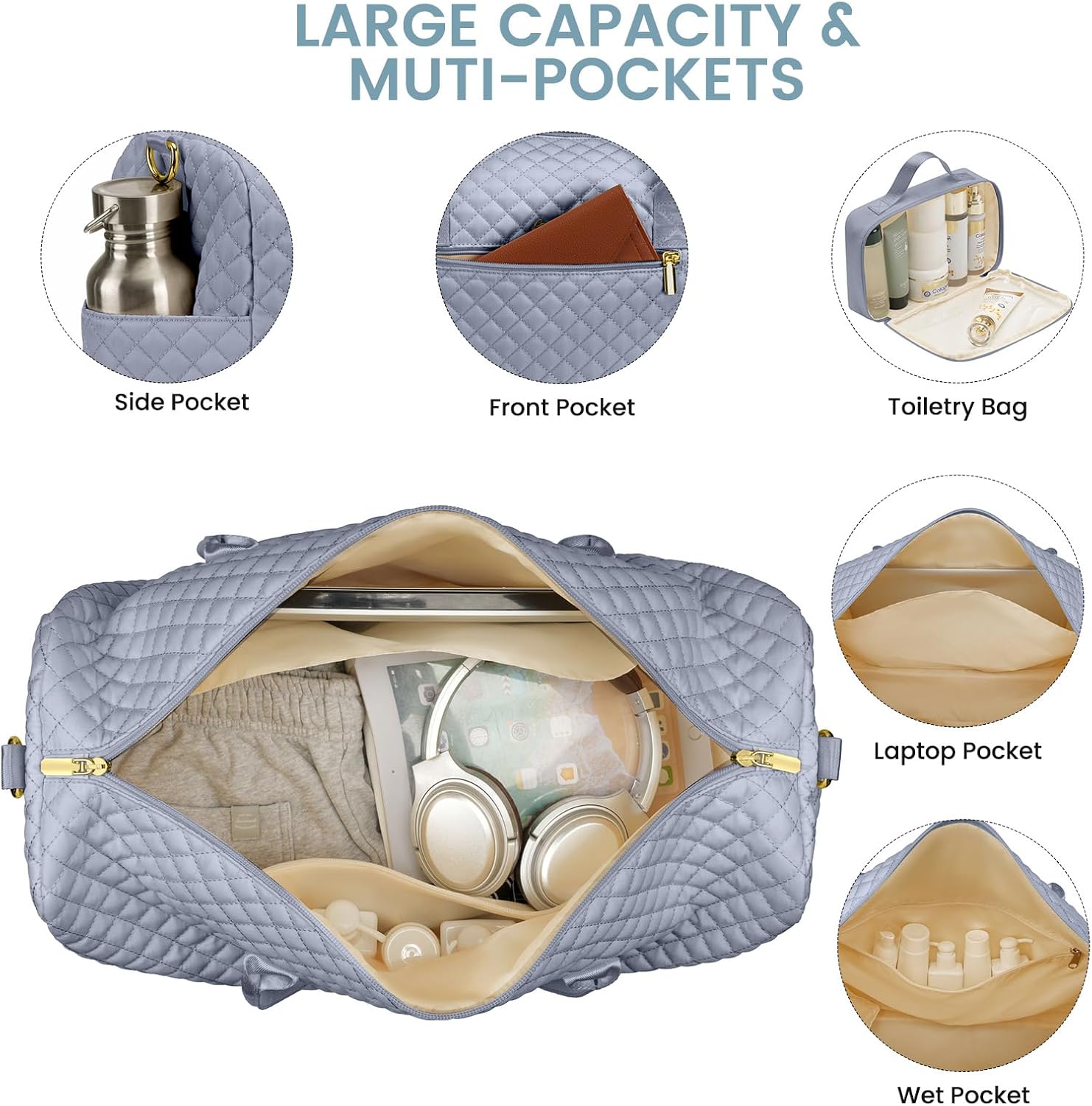 Weekender Travel Duffle Bag for Women: Overnight Bags with Shoe Compartment Carry on Bags for Airplanes with Toiletry Bag Hospital Bag Weekend Yoga Gym Bag with Wet Pocket Travel Duffel Tote Bag Grey - Image 3