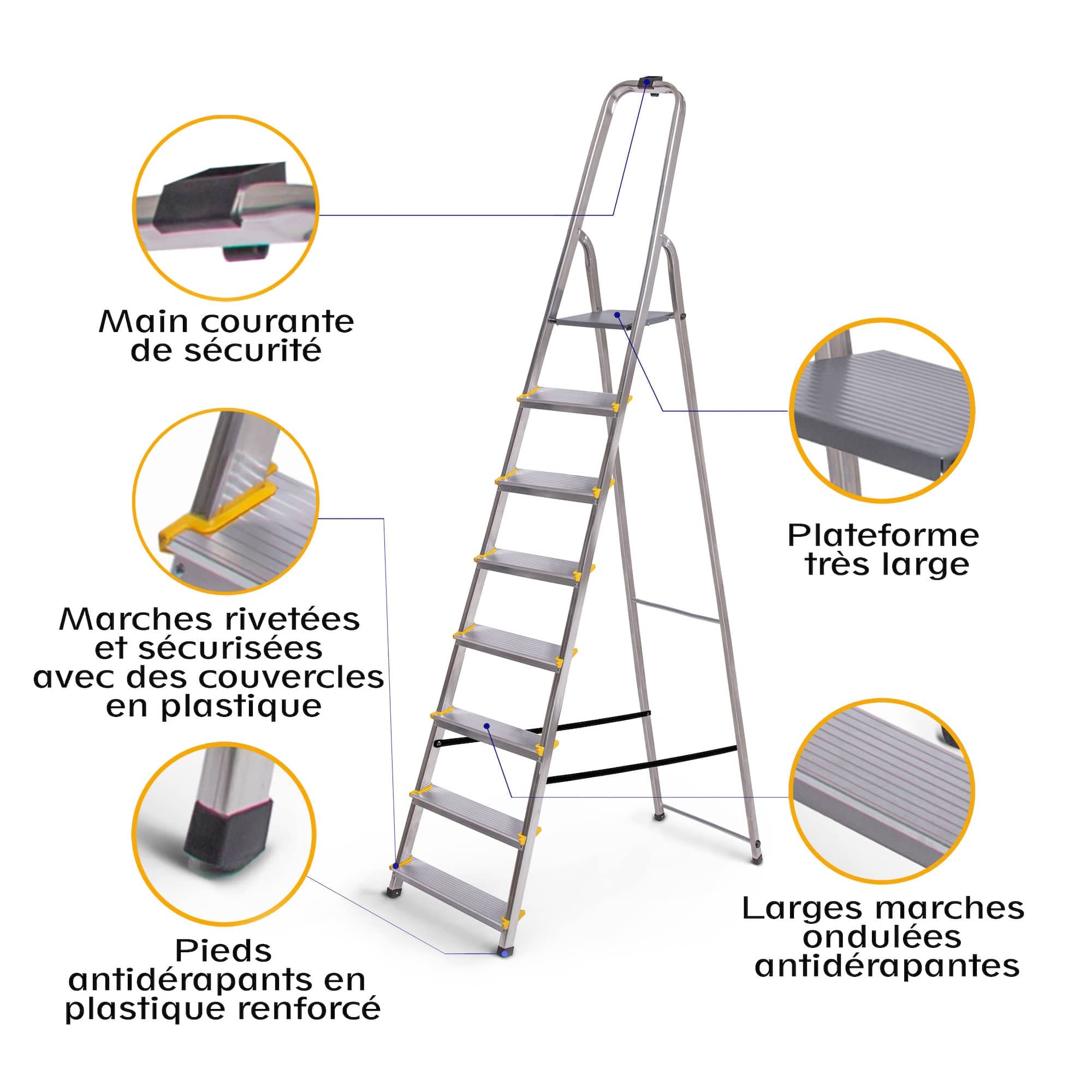HOSTRÖM Escabeau 8 marches DURA Pliable, marchepied léger en Aluminium, Hauteur Plateforme 162cm, Pieds antidérapants, Charge 150kg, Garantie 5 Ans