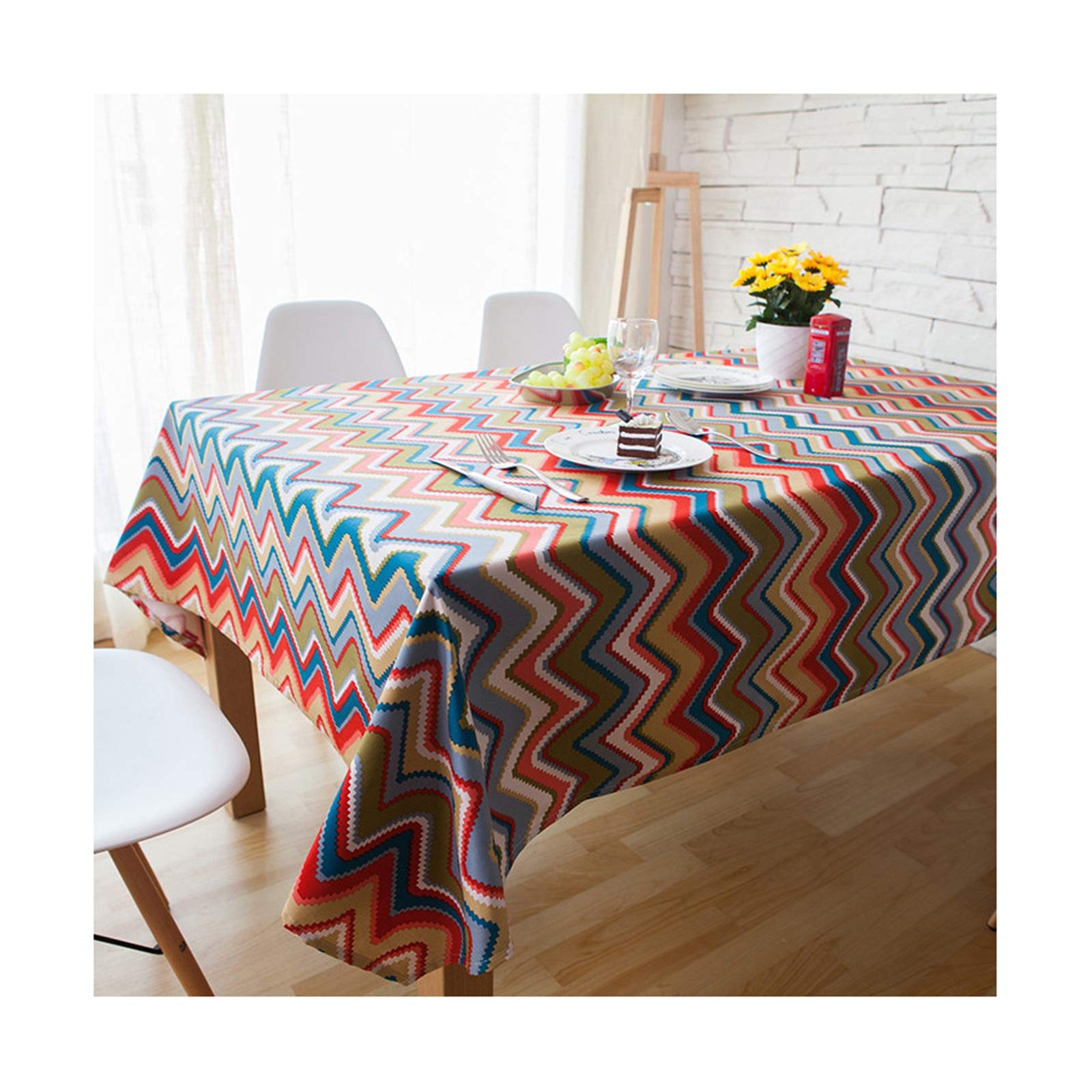 Manteles Mesa Rectangulares 180x180CM,Blanco Azul Rojo Mantel Algodon Mesa Rectangular Patrón de Ondas y Rayas