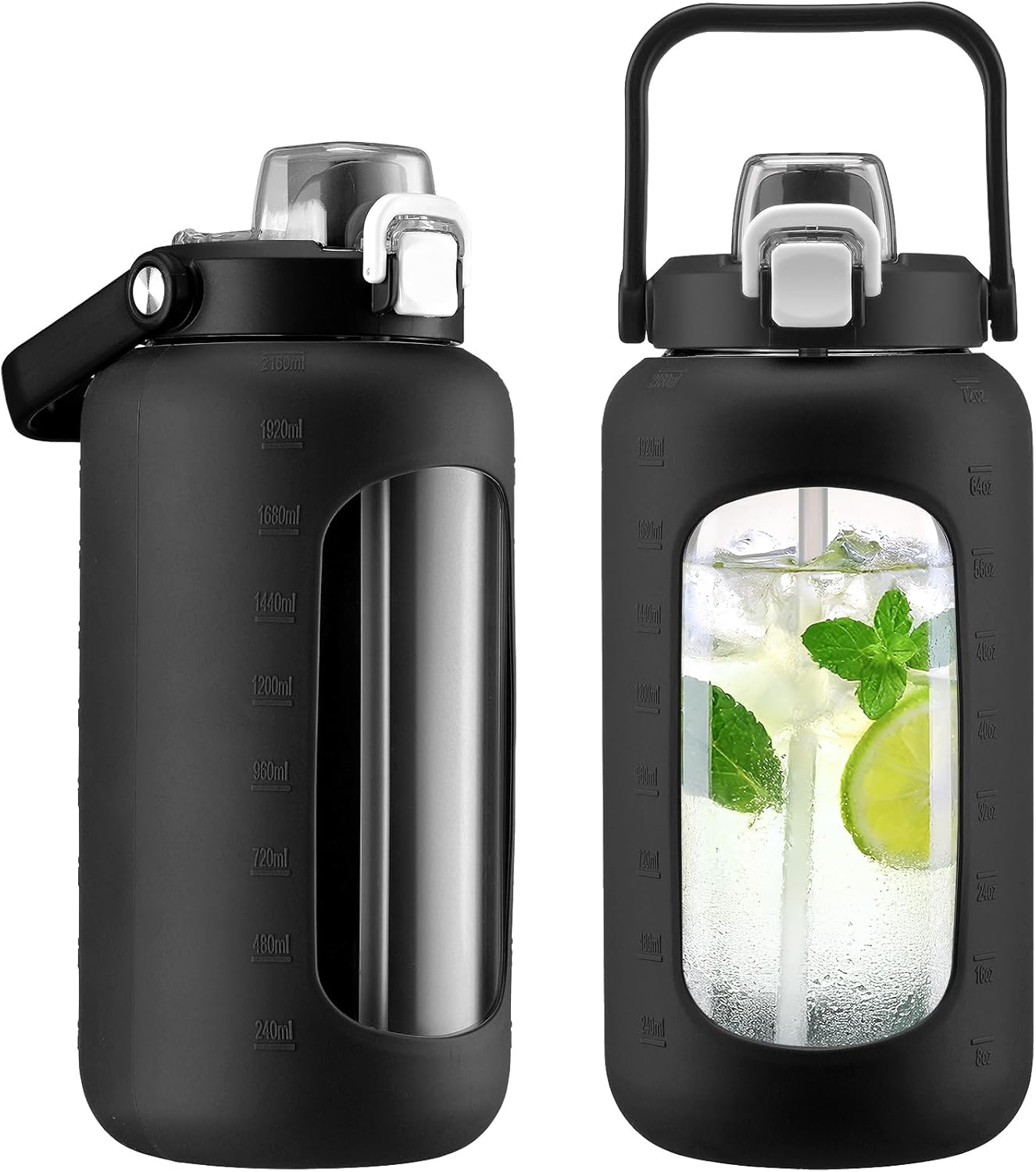 72oz Glass Water Bottle with 2-IN-1 Straw &Chug Lid, Large Motivational Glass Bottle with Capacity Marker and Silicone Sleeve, 2.1Liter Gallon Water Jug for Home, Sports, Gym, BPA Free-Black