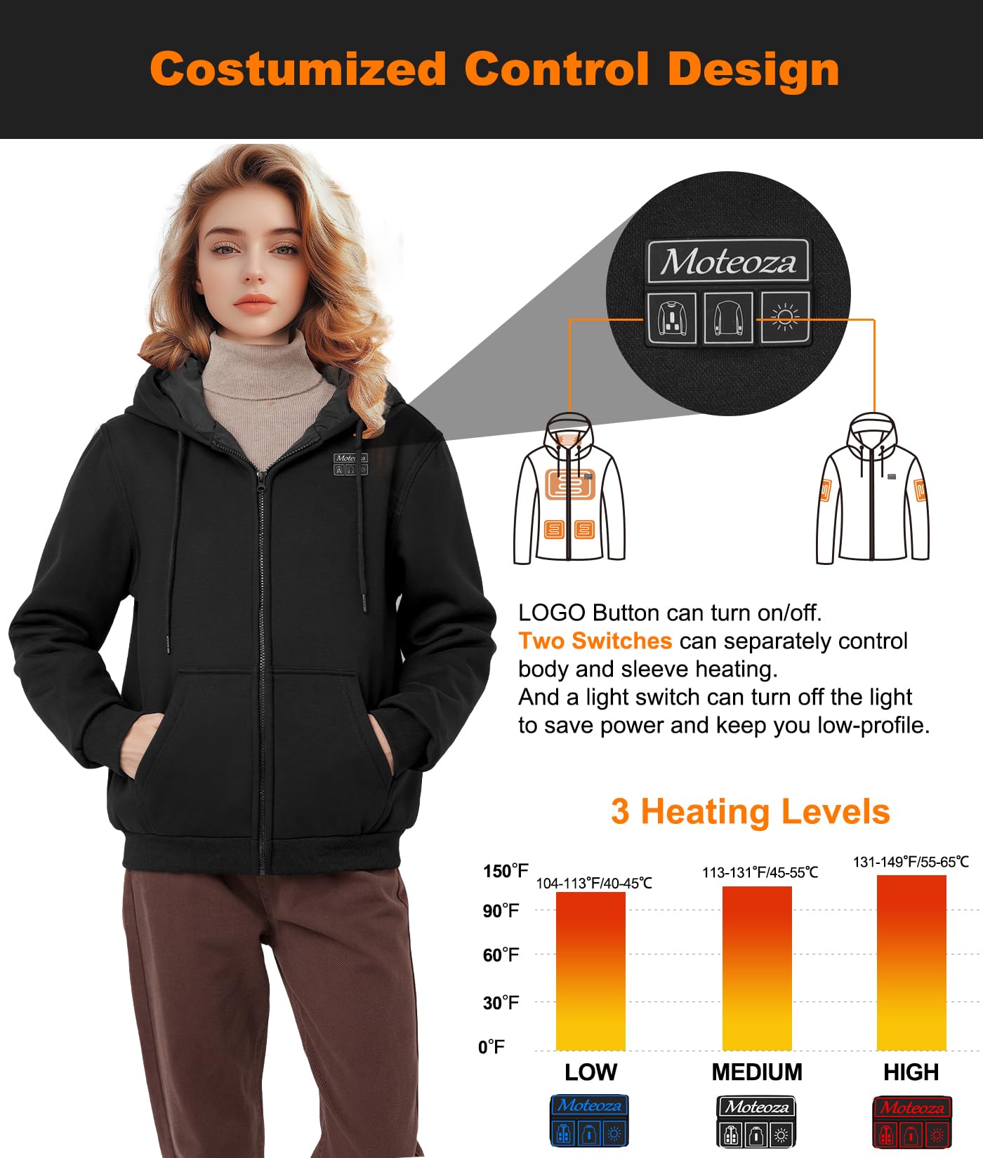 Sudadera con Capucha Calefactable para Mujer con Batería de 16000 mAh 5 Zonas Calefactables 3 Niveles de Temperatura Eléctrico Sudadera Caliente Cremallera para Invierno Al Aire Libre, S